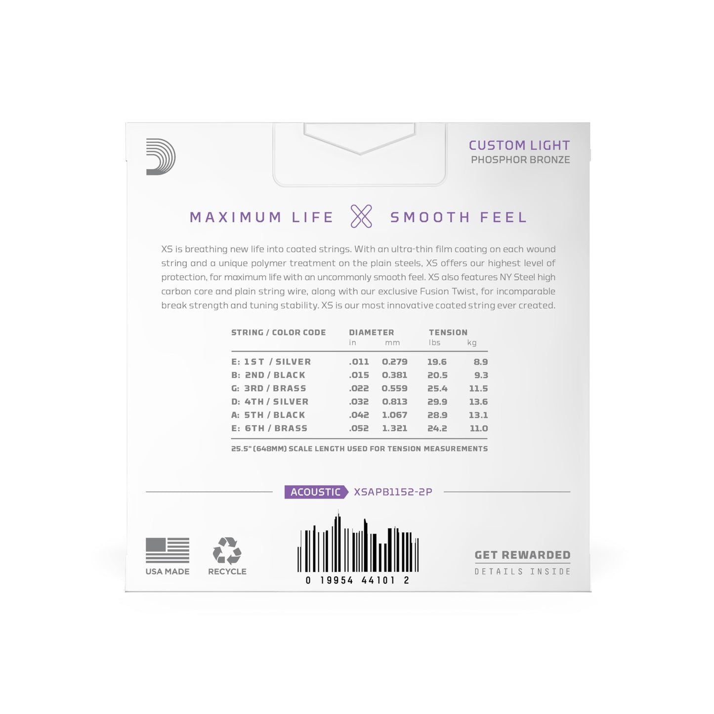 D'Addario XS Acoustic Guitar Strings, Phosphor Bronze, Light, 12-53, 2 Pack