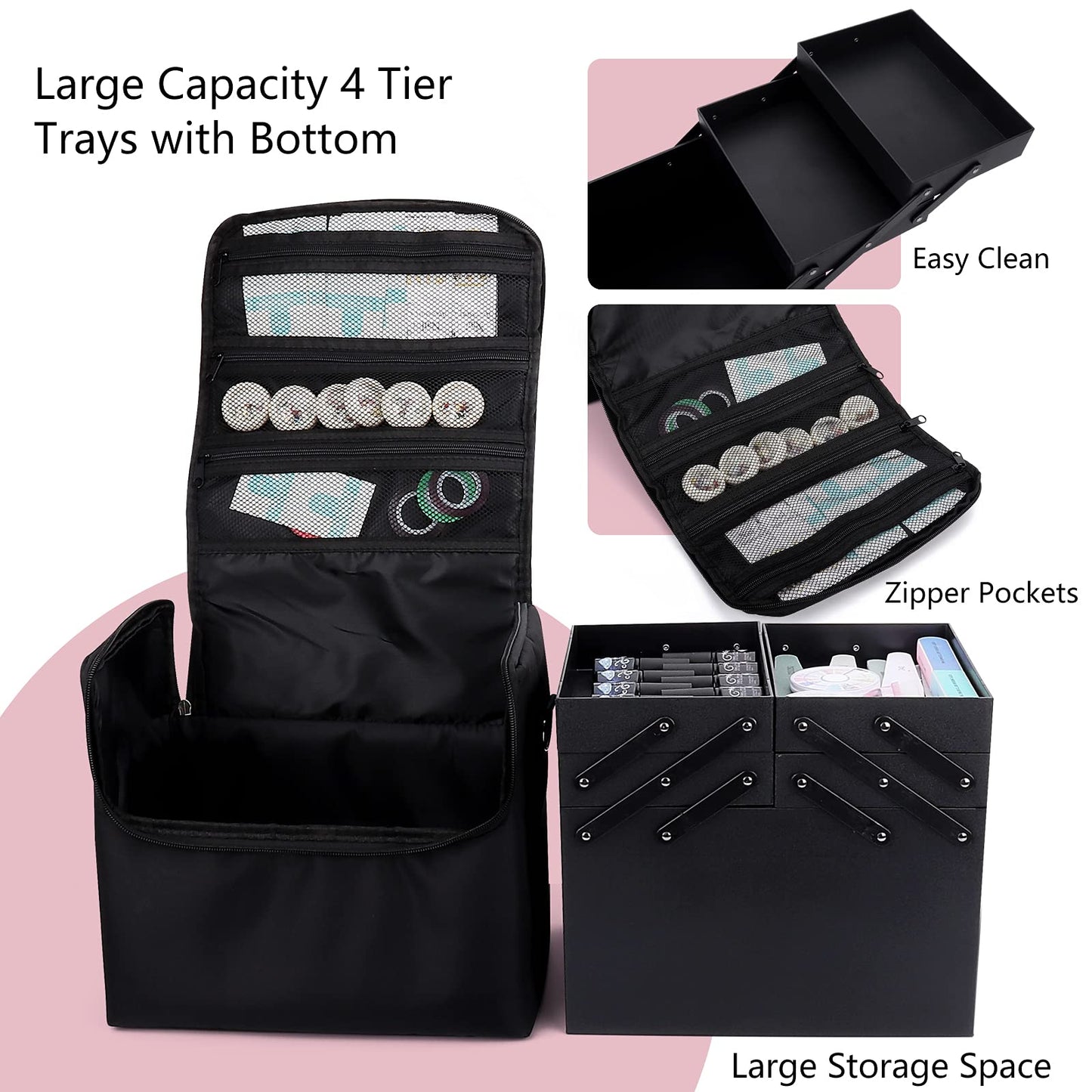 Large Makeup Carrying Train Case for Women,Black Travel Makeup Organizer Bag Storage Box,4 Tier Professional Nail Organizer Case with Adjustable Dividers for Nail Tools Jewelry MakeUp Brushes Toiletry