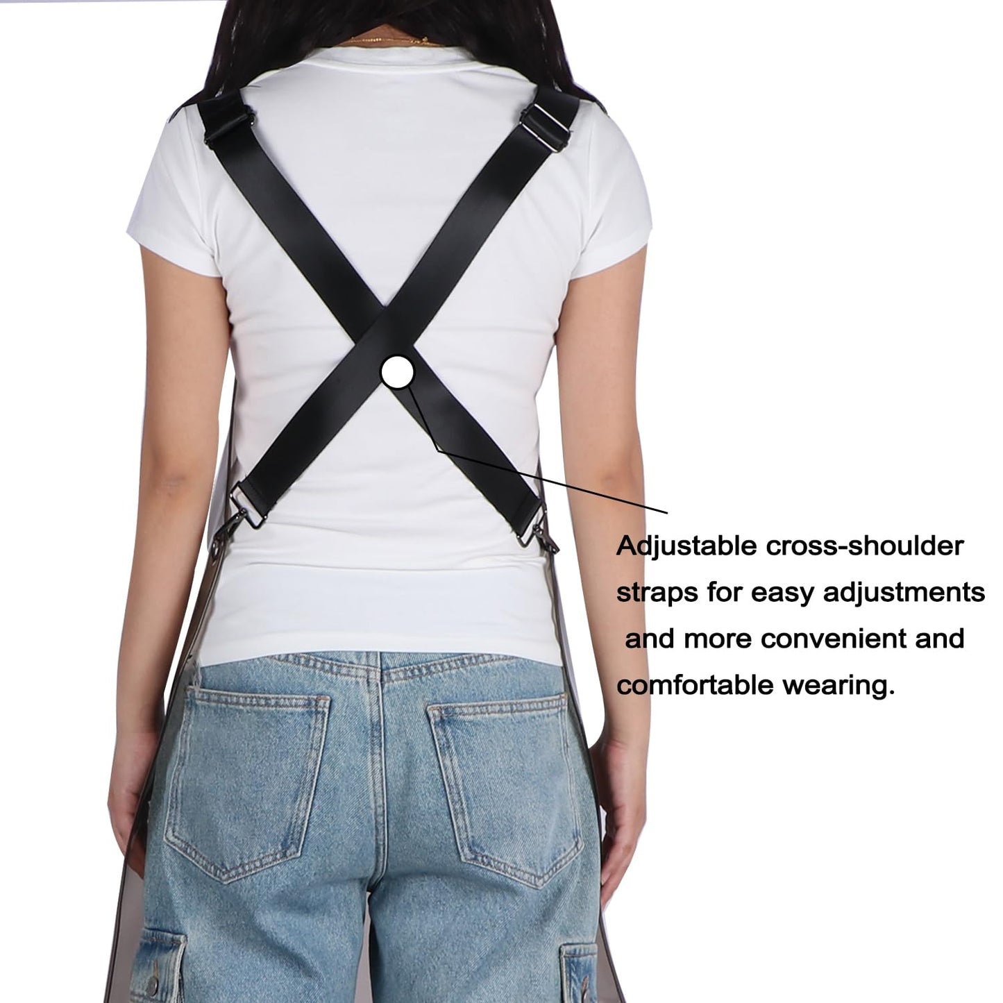 MIKI WELL Updated Hair Stylist Apron,Preventing Hair Pockets- Waterproof Transparent Salon Apron,Multi-pocket with zipper, Black+black Straps, 23.2''W x 25.5''L