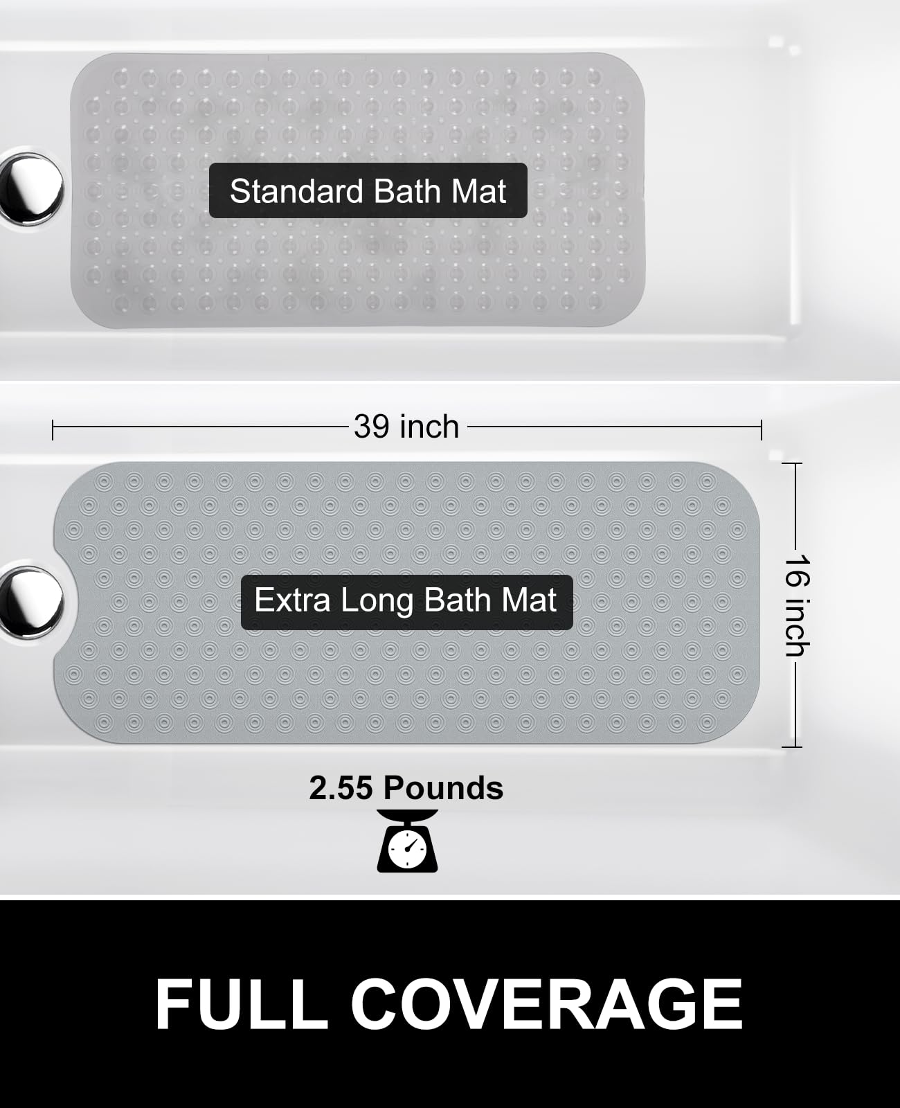 OTHWAY No Suction Cup Bath Mat: 39x16inch Extra Long Bathmat│Perfect for Refinished Bathtub Mat│Made of Nature Rubber│a Blessing for The Elderly and Children (Grey)