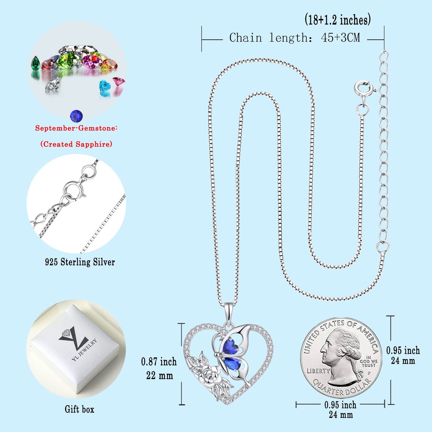 YL Created Sapphire Butterfly Necklace for Women, 925 Sterling Silver Birthstone Heart Pendant Flower Rose Halo Jewelry Mother Daughter Gifts for Her