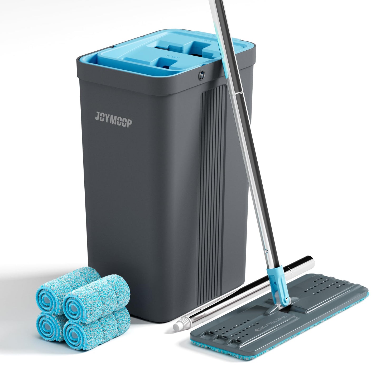 JOYMOOP Mop and Bucket Set with Wringer, mops for Floor Cleaning, Wall Mop Cleaner with Long Handle, with 4 Reusable Microfiber Mop Pads - Grey+Cyan Blue