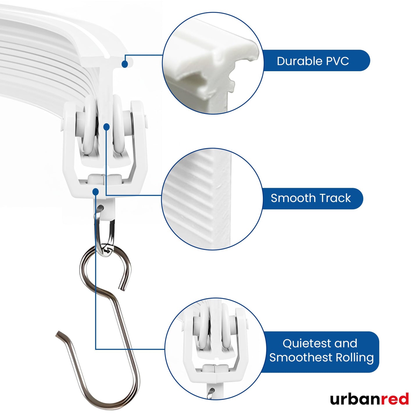 UrbanRed Flexible Bendable Ceiling Curtain Track, 22.9 ft (7 m), Mount for Rail with Curtain Tracks System, Room Divider, Curtains Rod, RV Ceiling Track for Curtains, Long Curved Hospital System White