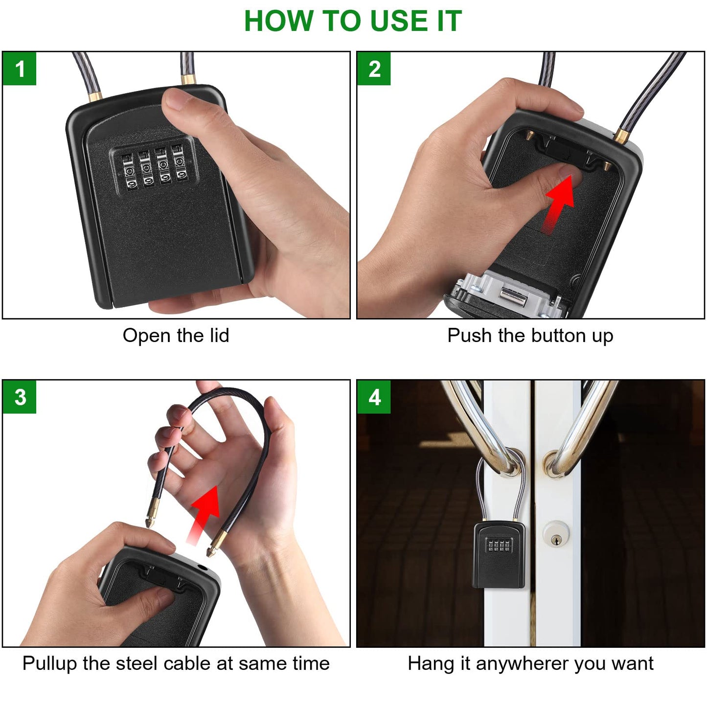 Key Lock Box, [New Version] [Flexible Rope] Diyife Portable Outdoor Lock Box for Keys with Removable Chain, Weatherproof 4-Digit Combination Key Safe for Home Garage AirBnb Office [2 Packs, Black]