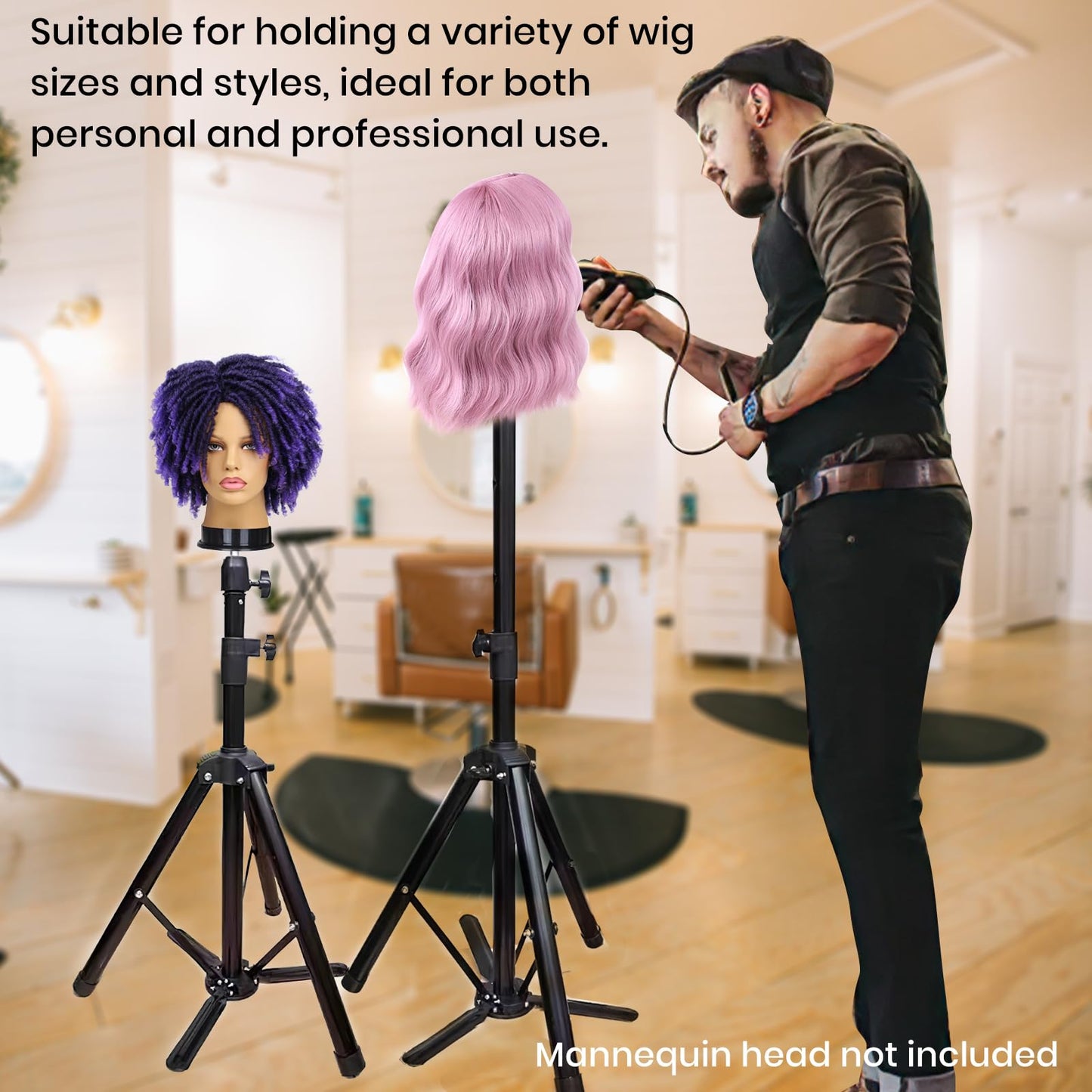 Superhairpieces Sturdy and Adjustable Wig Stand Tripod, Foldable Tripod Metal Mannequin Head Stands - Perfect for Wig Storage, Styling, Hairdressing Training and Display (Black)