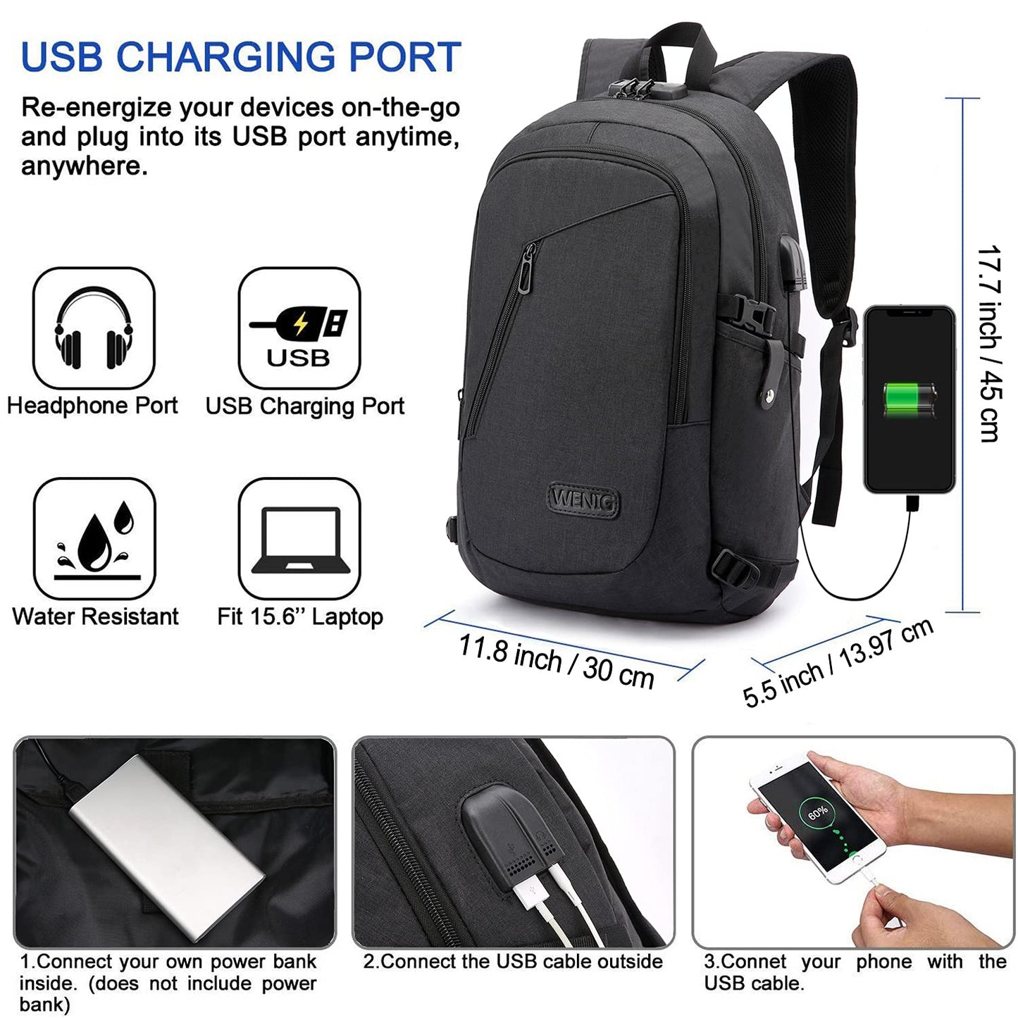 Laptop Backpack,Anti Theft Business Travel Backpack for Men Women Work Bag Slim Laptop Bag with USB Charging Port Lock,Durable Water Resistant Computer Bag Fits 15.6 Inch Laptop Notebook,Black