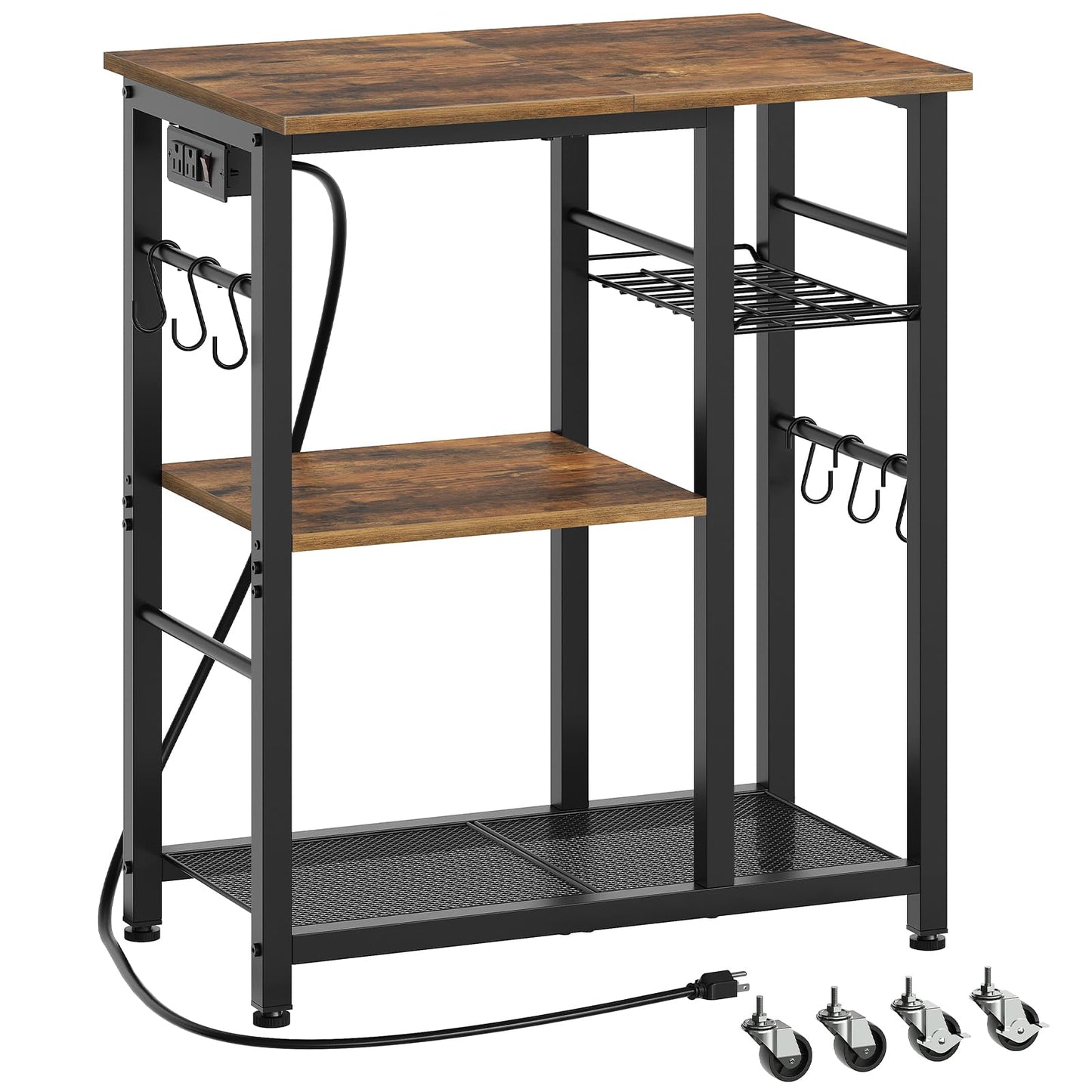 YATINEY Movable Bakers Rack, Microwave Stand with Charging Station, Kitchen Storage Rack with Hooks and Basket, Casters and Adjustable Feet, for Small Space, Kitchen, Dining Room, Rustic Brown HB04UBR