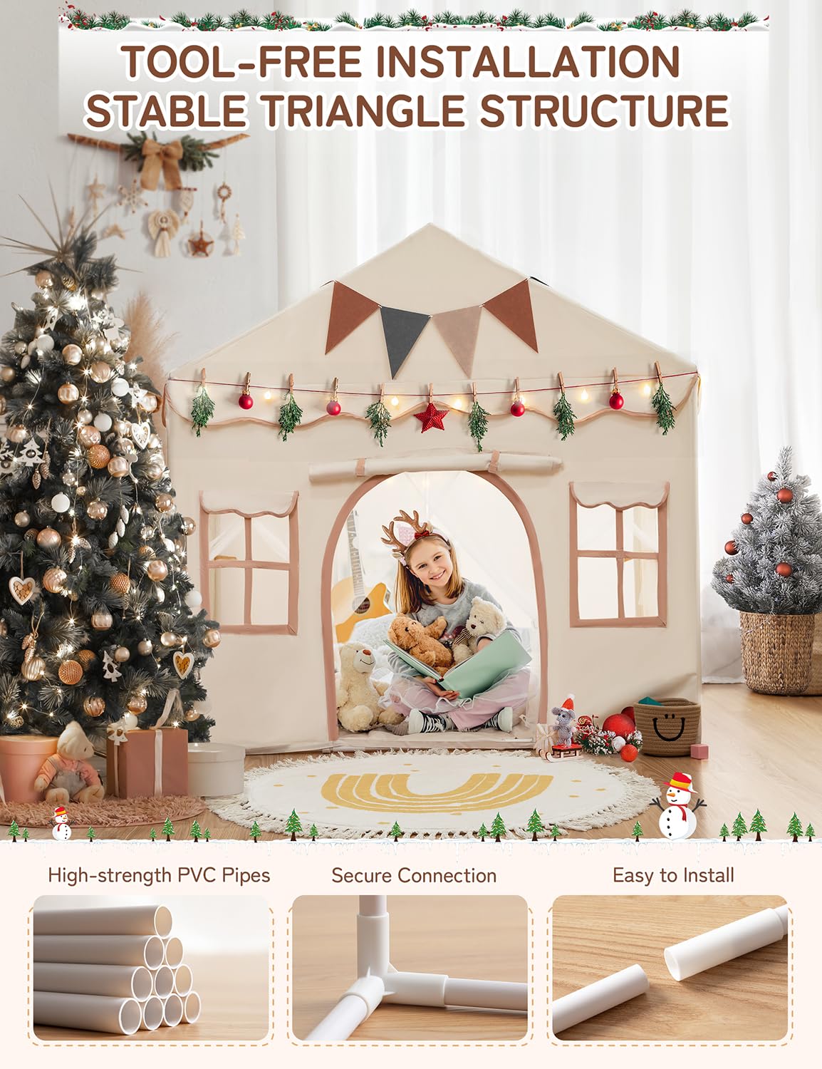 besrey Kids Tent, 2 in 1 Play Tents with Padded Mat and Lights, Large Playhouse for Kids with 2 Doors & 4 Windows, Kids Play Tent House Indoor & Outdoor, Toddler Tent for Girls Boys