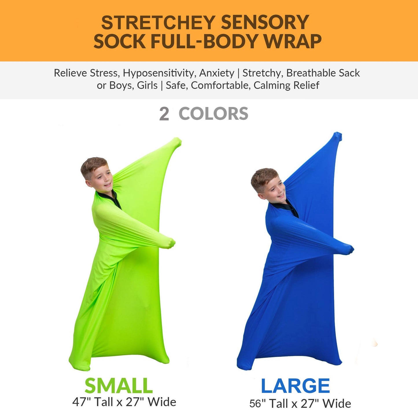 Sensory Sox Stretchy Body Socks Full-Body Wrap to Relieve Stress, Hyposensitivity Great for Boys, Girls with Autism, Anxiety (Small 47"x27", Blue)