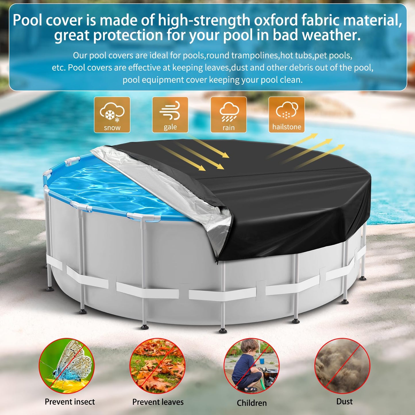 12 Ft Round Pool Cover Solar Cover for Above Ground Pool with Pool Covers Accessories Swimming Round Solar Pool Covers for Above Ground Pools Heavy-Duty Waterproof Dustproof(Black)