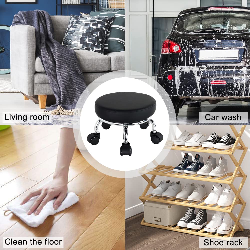 WKWKER Rolling Seat PU Leather Low Round Rolling Stool Small Stool with Universal Swivel Wheels for Home Office Garage Shop Fitness Sports, Height: 21.8 cm (Black)