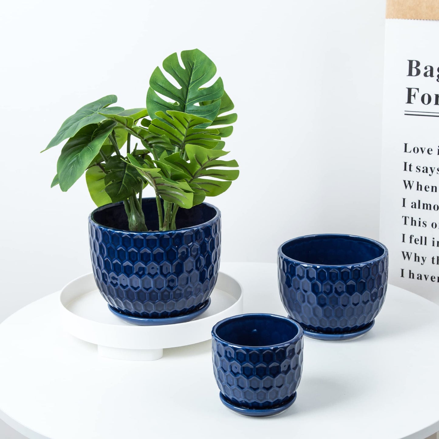 Nattol Ceramic Flower Pots with Drainage Hole and Saucer, North European Style Round Indoor Succulent Planters with Honeycomb Inspired Texture Design, Small to Medium-Sized, Set of 3, Navy Blue