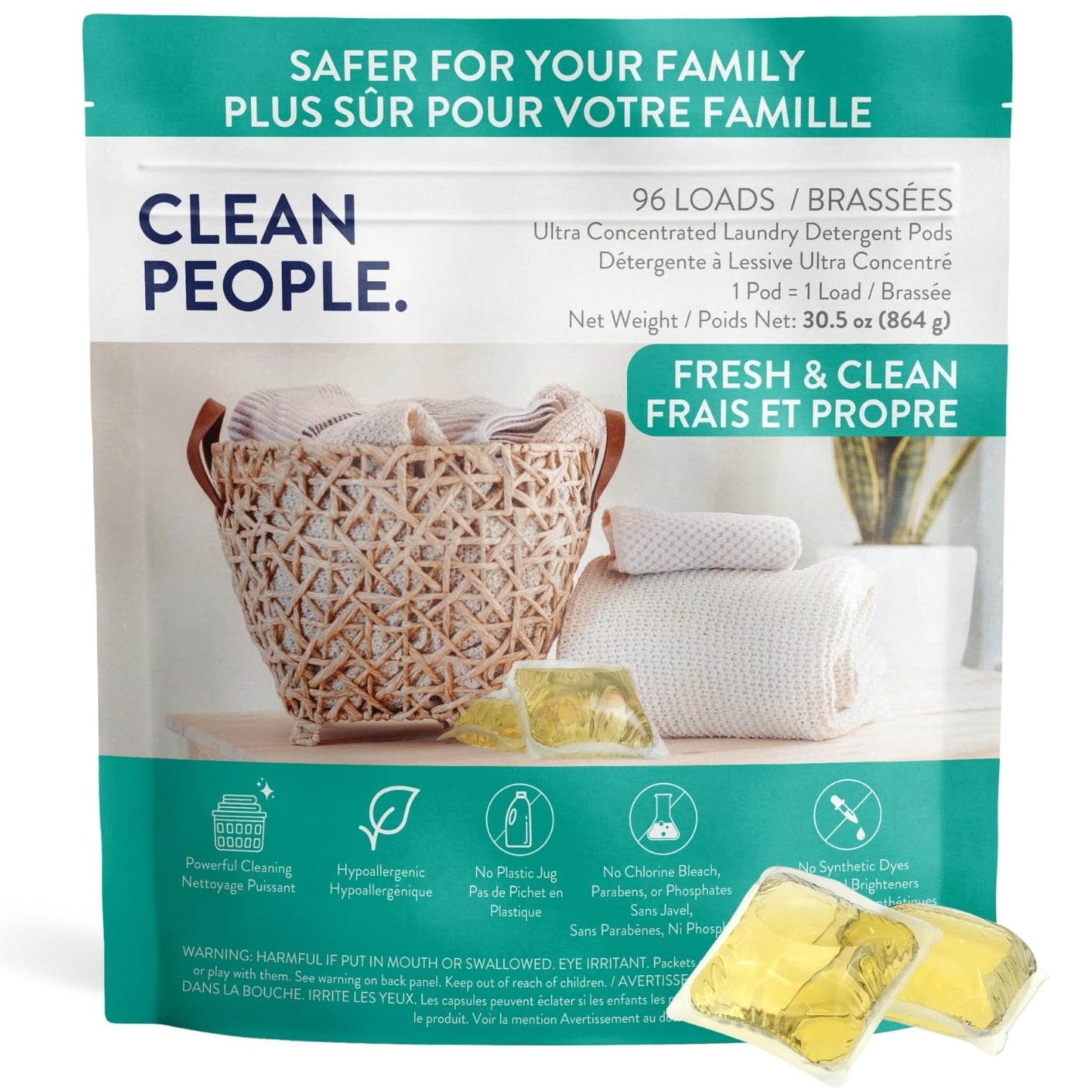 Clean People Laundry Detergent Pods - Plant-Based, Hypoallergenic Laundry Pods - Ultra Concentrated, Plastic Free, Recyclable Packaging, Stain Fighting - Fresh & Clean, 96 Pack