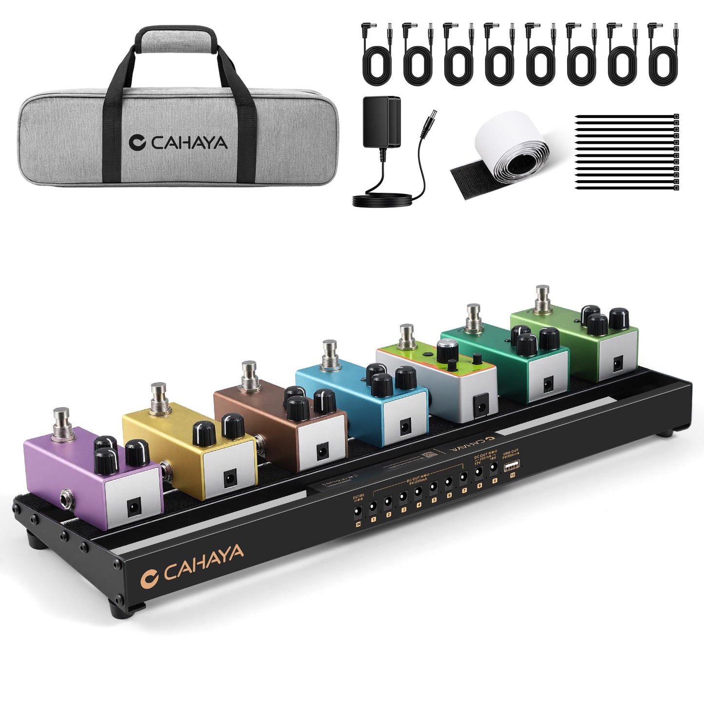CAHAYA Guitar Pedal Board Portable - Pedal Board Built-in Power Supply Lightweight Aluminum Alloy Guitar Effect Pedalboard with DC Cables USB Output Carry Bag and Power Adapter 19.1" x 5.1" 1.91lbs