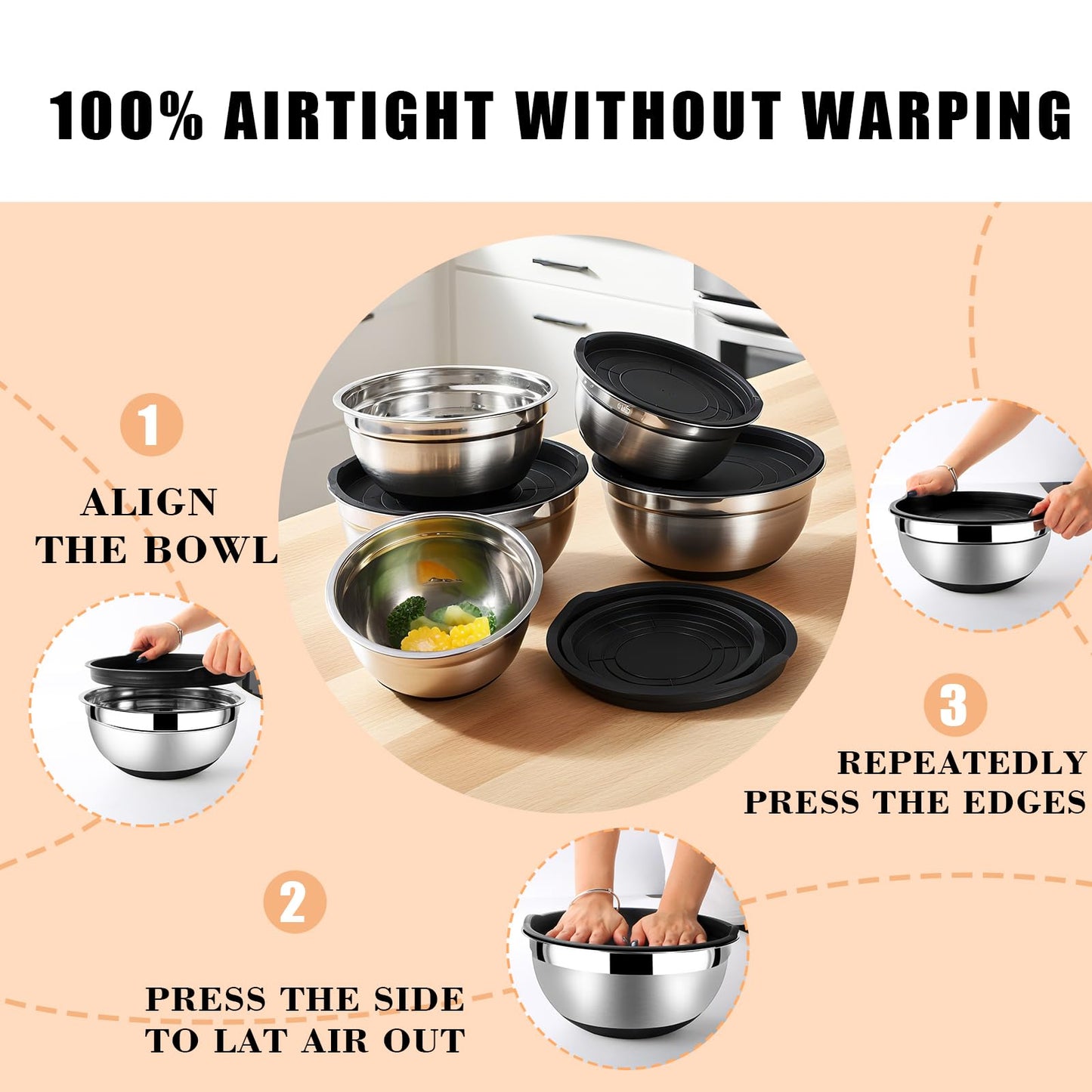 Lazycorner Mixing Bowls with Airtight Lids Set 5 Pcs Stainless Steel Bowls Set Baking Set Non-Slip Silicone Bottoms Great for Serving & Baking
