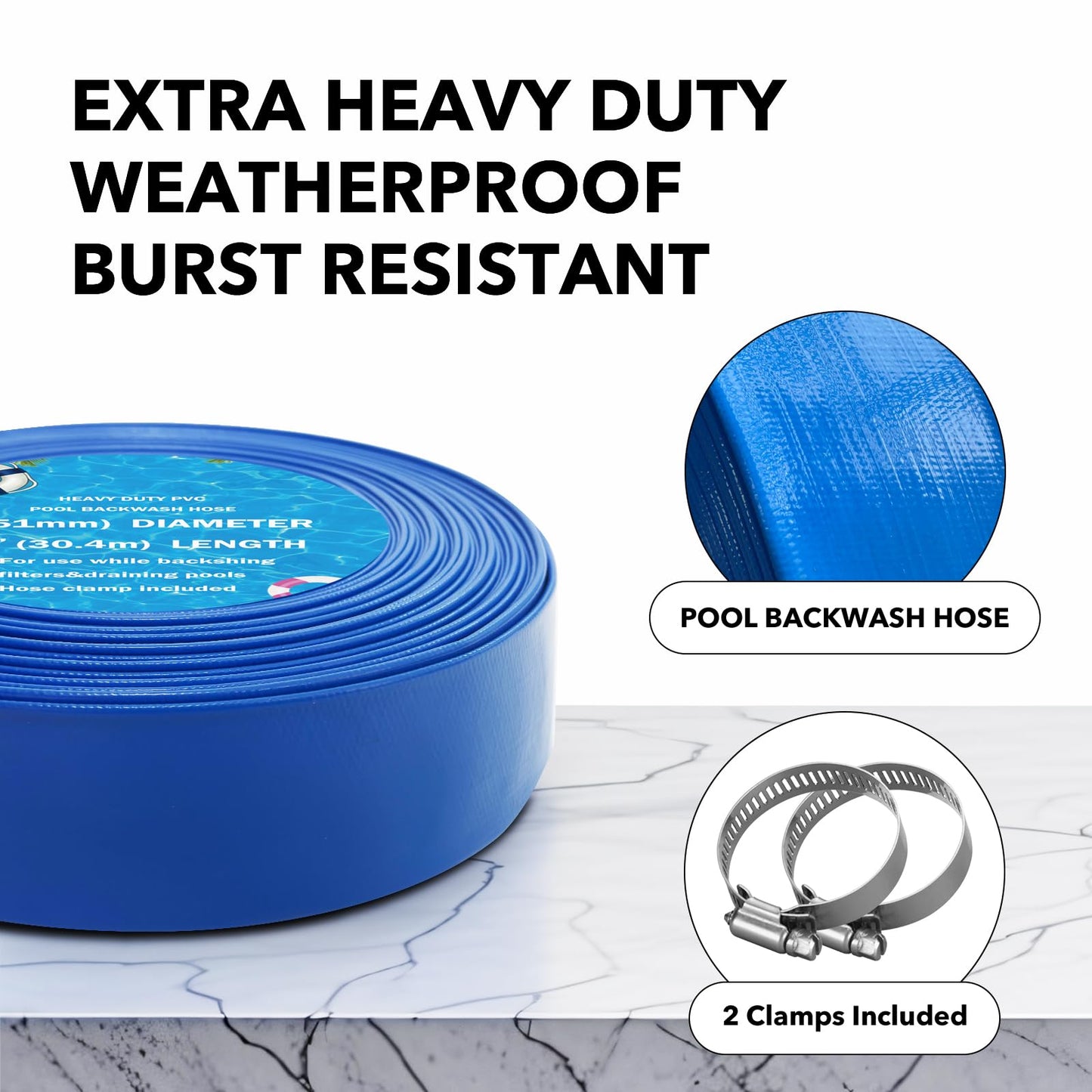 YASHINE 2"*100ft Pool Backwash Hose, Extra Heavy Duty PVC Hose, Weather and Burst Resistant Lay Flat Water Hose,for Swimming Pool Drain, Pool Filter, Sump Pump with 2 Clamps