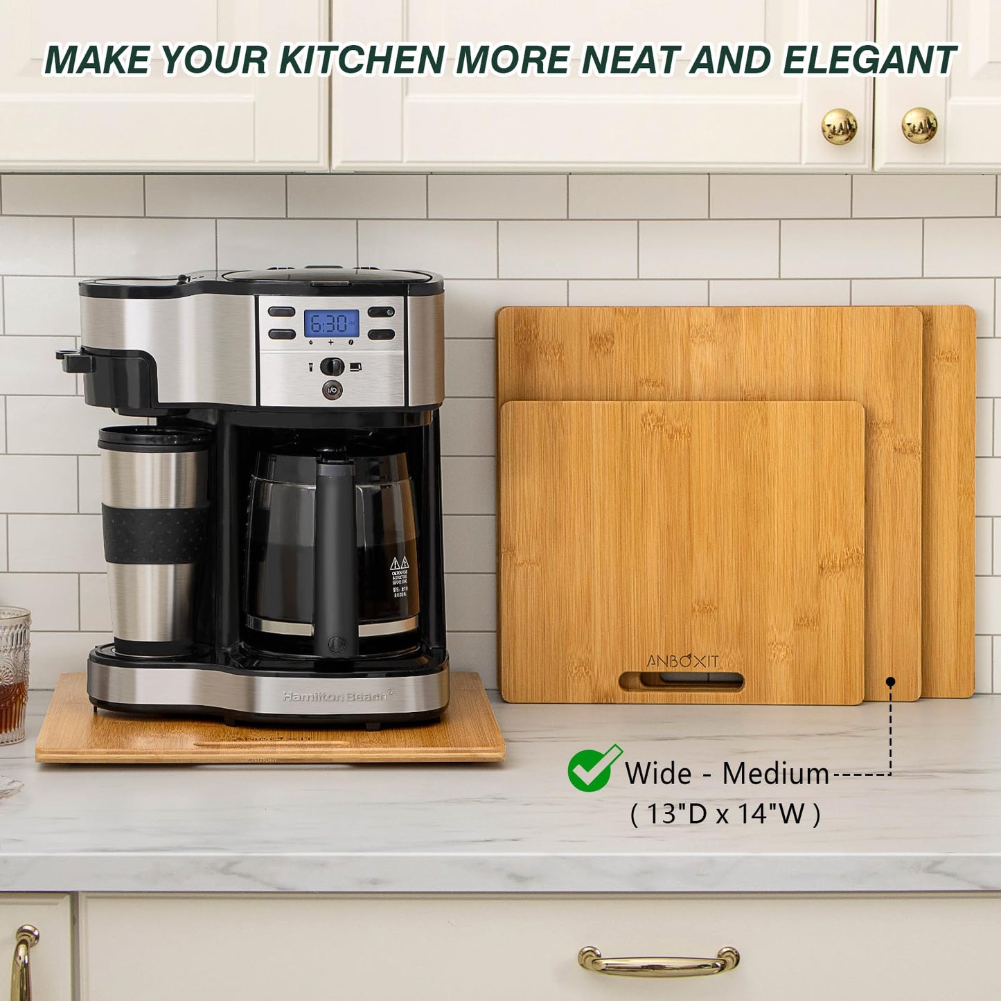 ANBOXIT Appliance Sliding Tray for Coffee Maker, Bamboo Small Appliance Slider for Countertop, Kitchen Pull Out Tray for Coffee Maker, with Rubber Wheels, Wide - Medium (13"D x 14"W)