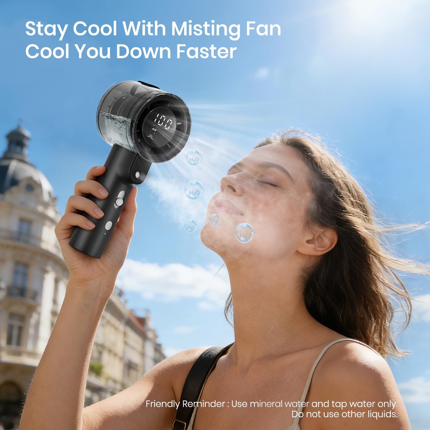 Handheld Misting Fan, 4000mAh Rechargeable 50ml Water Tank, 14000 RPM Strong Airflow 3 Speeds 2 Mist Modes, Digital Display USB-C Portable Spray Fan for Outdoor Hiking Travel Office - Black