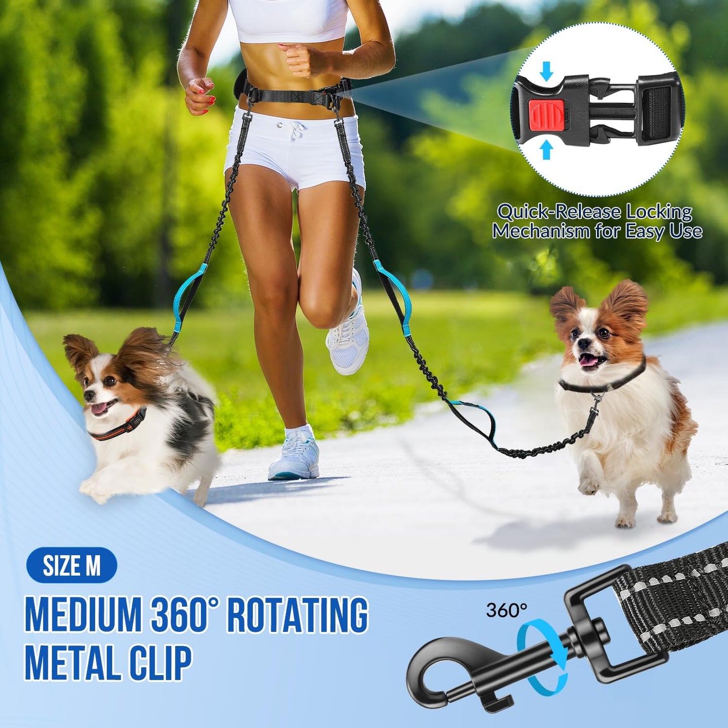 AUTOWT Hands Free Dog Leash for 2 Dogs, Dual Padded Handles and Durable Elastic Bungees with Zipper Pouch, Double Dog Leash with Adjustable Waist Belt for Walking, Jogging and Running(Light Blue, XL)