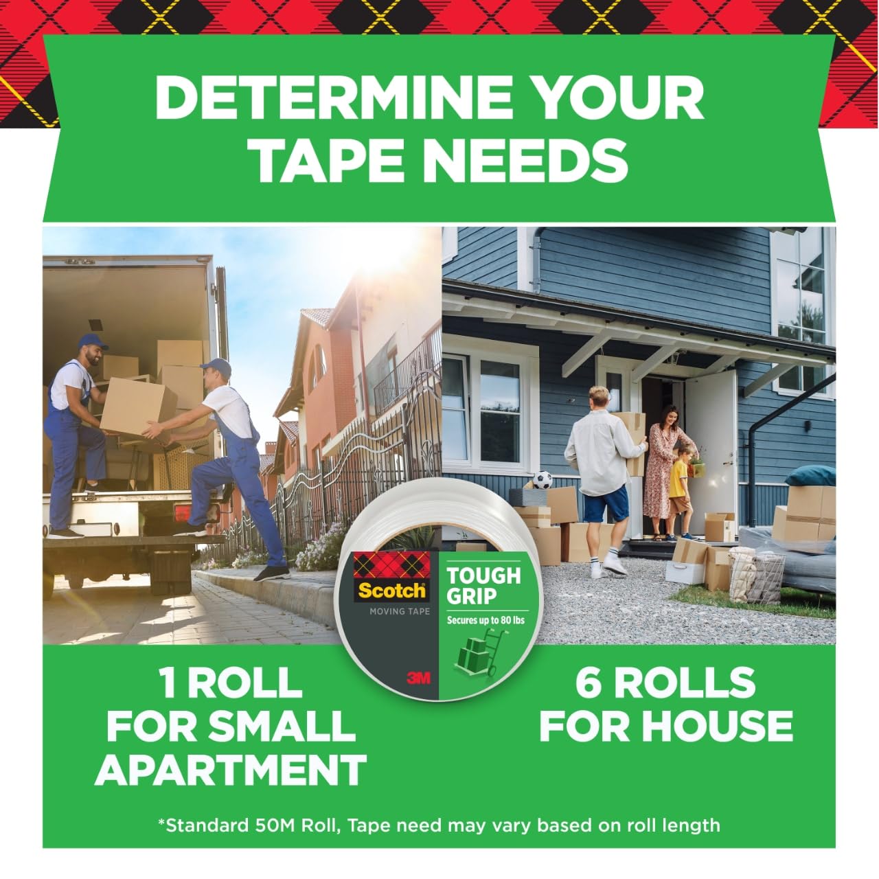 Scotch Tough Grip Moving Packing Tape, Clear, Moving Tape that Secures Boxes up to 80 Pounds, 1.88 in. x 43.7 yd., 6 Tape Rolls