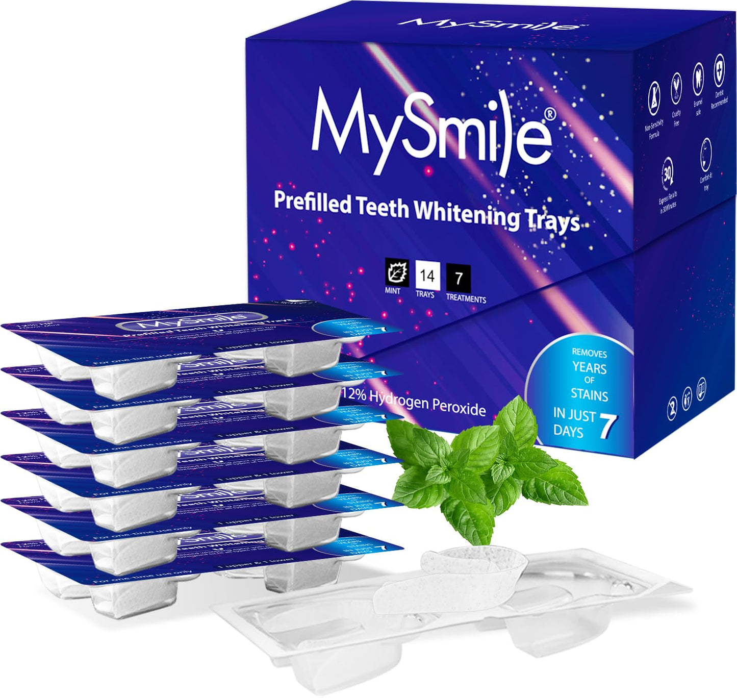 MySmile 7 Treatments Prefilled Teeth Whitening Trays Kit with 12% Hydrogen Peroxide Teeth whitening Gel for Sensitive Teeth, Fast-Result Vegan Teeth Whitener Tooth Stain Remover, Mint Flavor