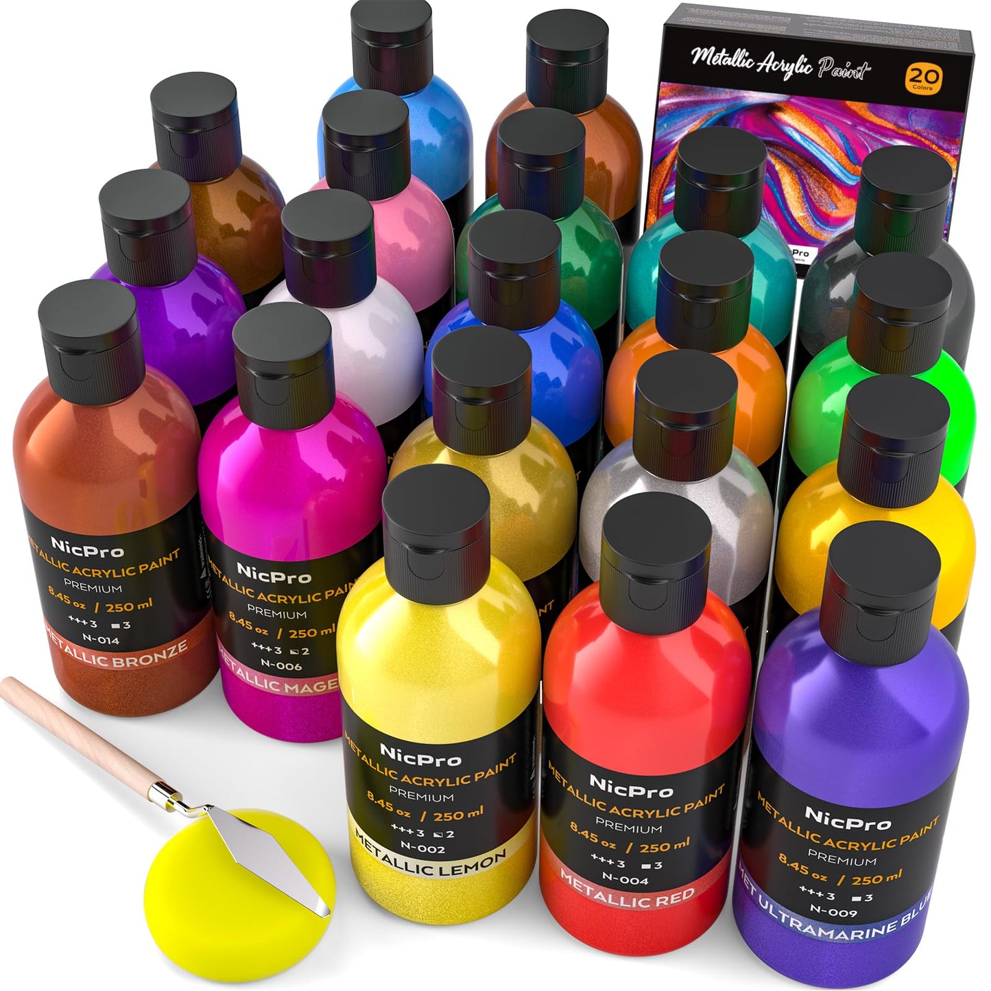 Nicpro 20 Colors Metallic Acrylic Paint Set (8.45 oz, 250 ml), Large Acrylic Paint Bulk, Non Toxic Art Painting Supplies for Multi Surface Canvas Rock Wood Leather Stone Metal with Color Wheel