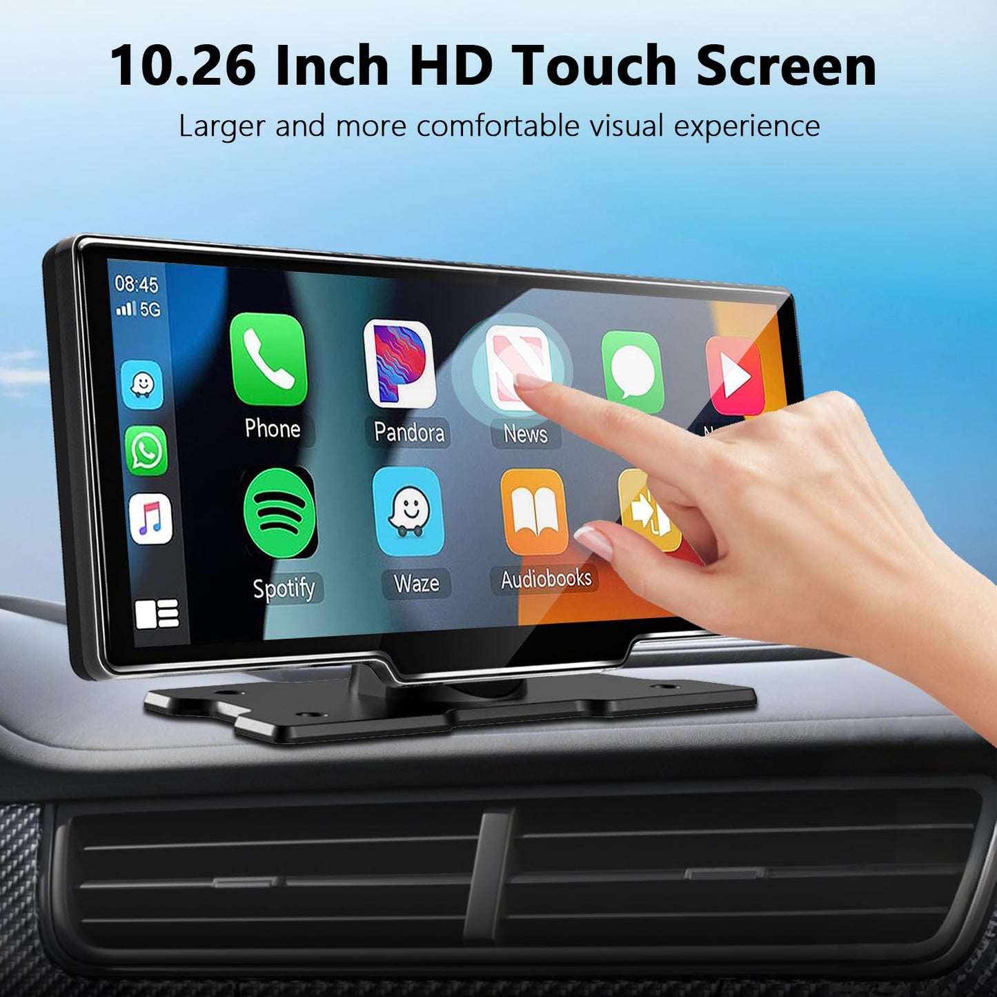10.26 Inch Wireless Apple Carplay Screen for Car, Bluetooth Car Stereo with Apple Car Play and Android Auto Screen/1080P HD Backup Camera/FM/AUX/Mirror Link/Voice Control/GPS Navigation