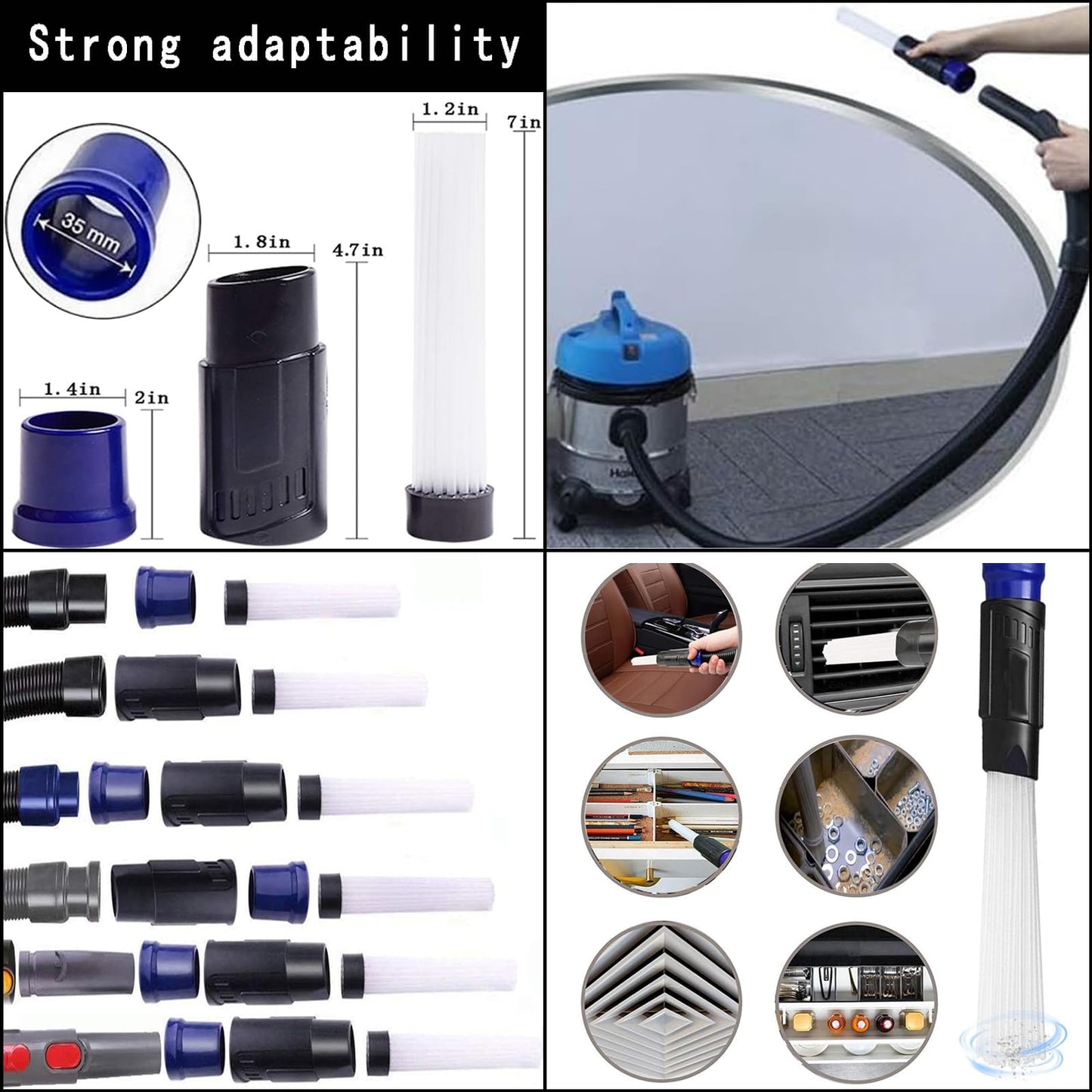 12Pcs Universal Vacuum Attachment Professional Shop Vac Accessories Wet Dry Vacuum Hose Adapter with Hair Brush Extension Wand Flexible Crevice Tool fit 2 1/2" to 1 1/4" and 1 7/8" to 1" Vacuum Hose