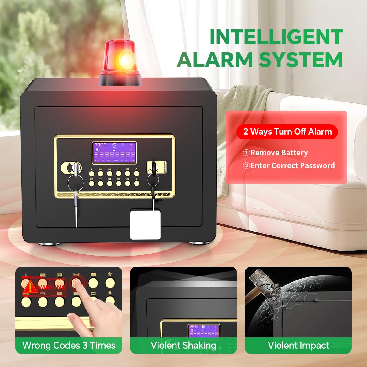 1.2 Cub Safe Box with Digital Keypad & Alarm System - Electronic Lock Box for Jewelry Cash with Adjustable Shelves - Includes LED Light & Fireproof and Waterproof Bag