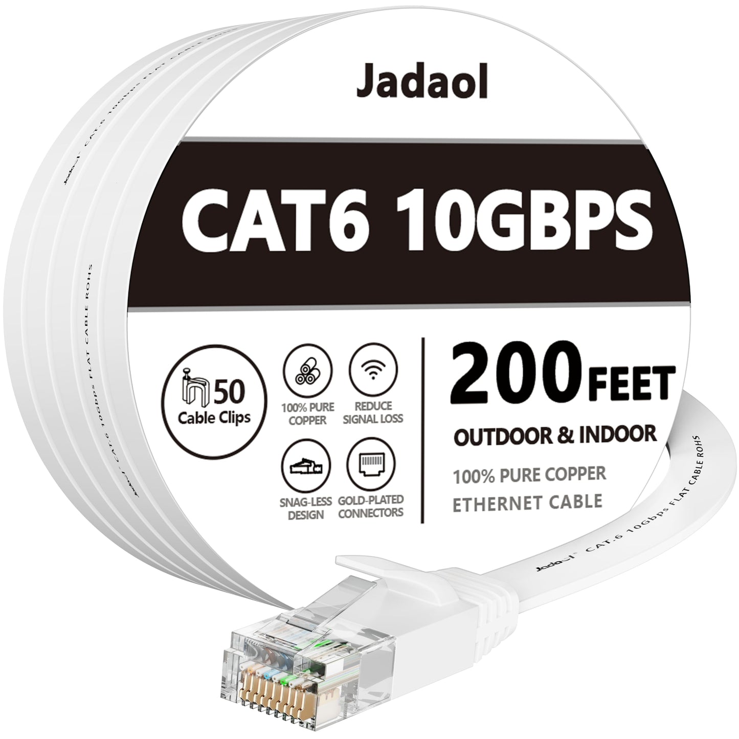 Cat 6 Ethernet Cable 200 Ft, Outdoor&Indoor, 10Gbps Support Cat7 Network, Slim long Flat Internet LAN Patch Cord, Cat6 Solid High Speed weatherproof Cable for Router, Modem, PS4/5, Xbox, Gaming, White