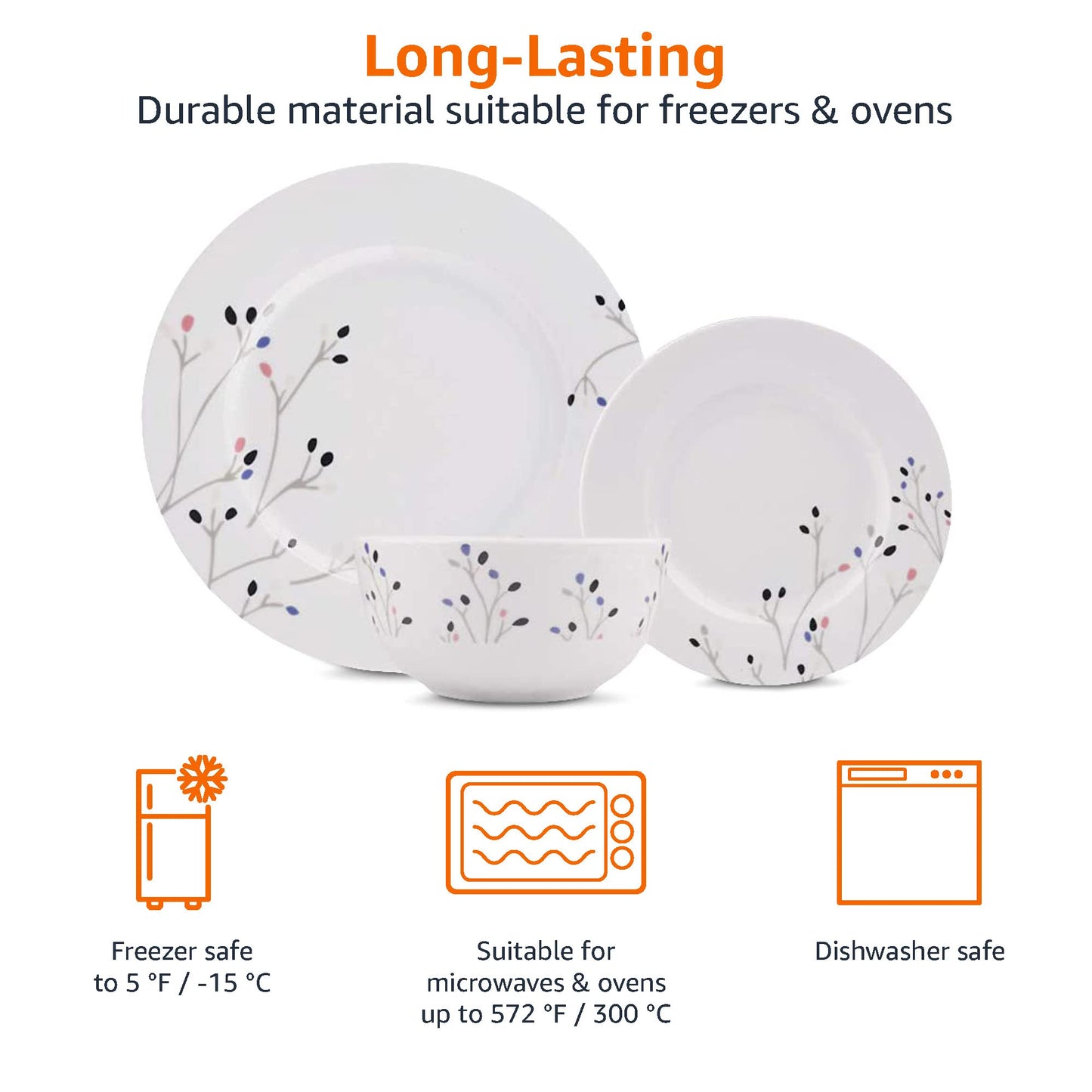 Amazon Basics 18-Piece Dinnerware Set, Dishes, Bowls, Service for 6, Branches