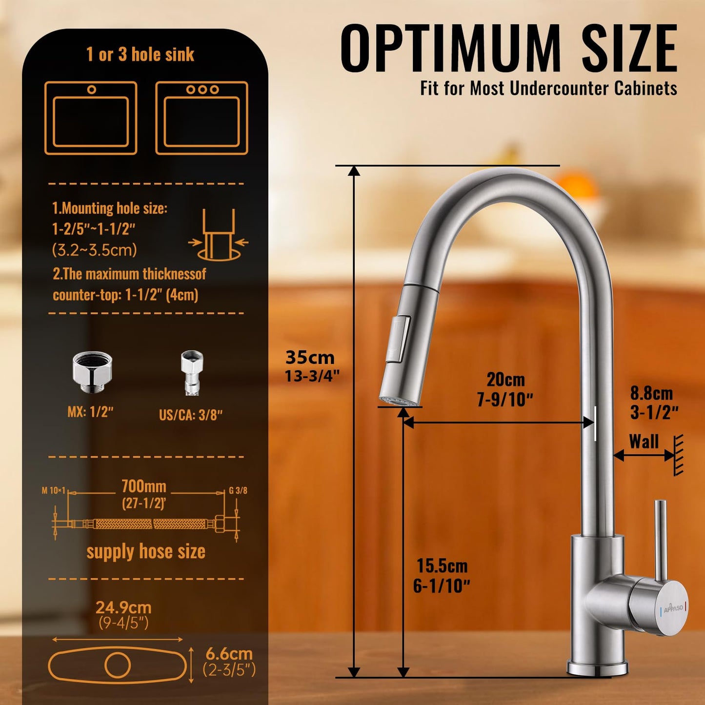 APPASO Modern Kitchen Faucet with Pull Down Multi-Flow Sprayer Brushed Nickel, Single-Handle High Arc Swan-Neck Kitchen Sink Faucet with Optional Deck Plate, Stainless Steel, AP-APS209-BN
