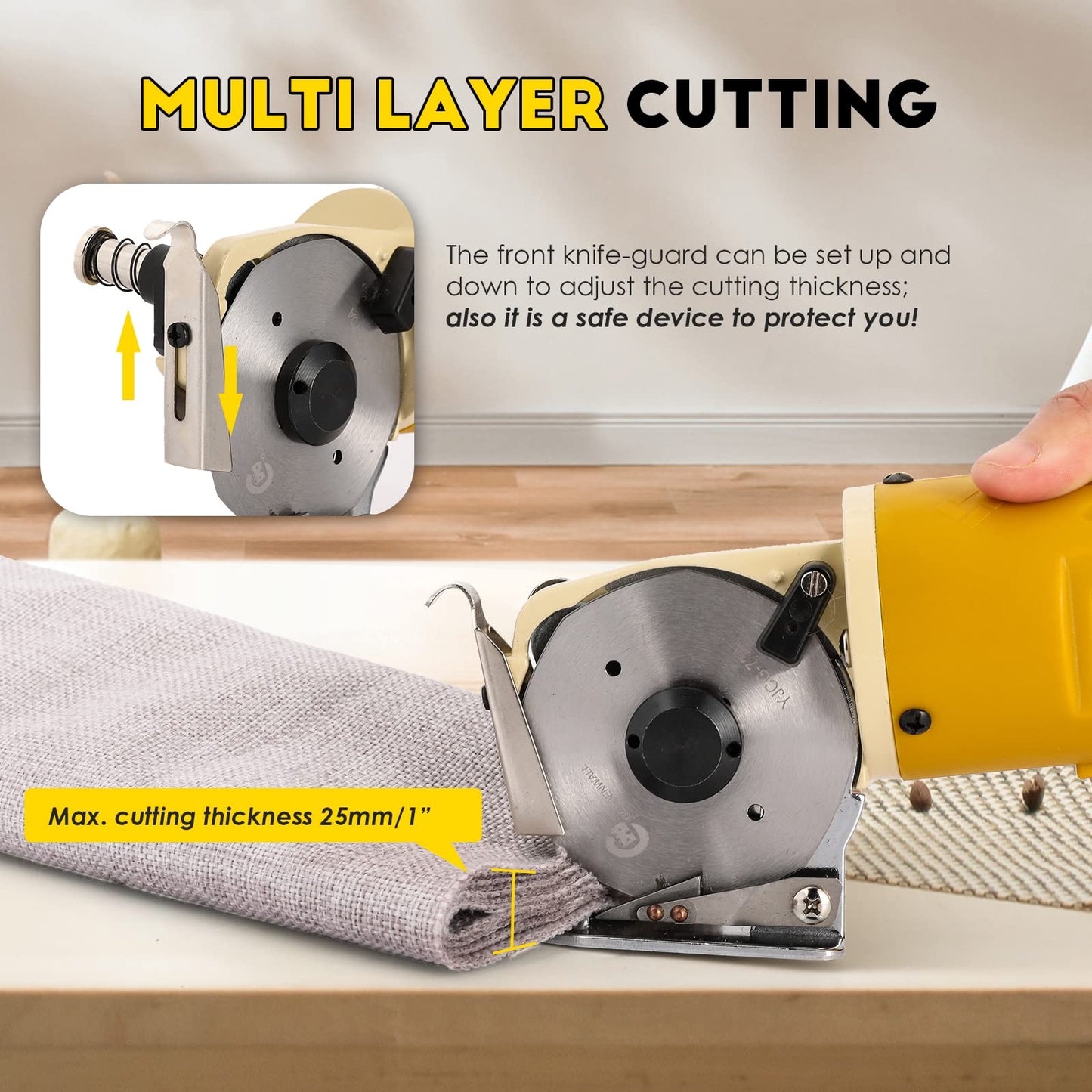 CGOLDENWALL Electric Rotary Fabric Cutter, Multi-Layer Electric Fabric Scissors with 1" Cutting Thickness, for Cloth Fabric Leather and Carpet, Comes with Replacement Blades, Sharpening Stones, 110V