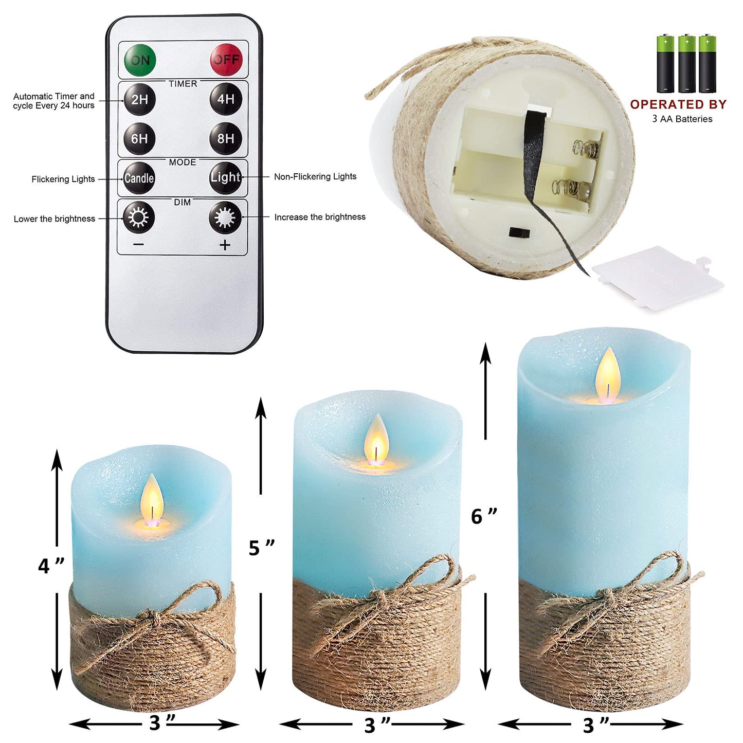 PETRISTRIKE Ocean Blue Flameless Candles, Nautical Themed Led Pillar Candles with Remote & Timer, Decorative Flickering Candles for Gifts, Party, Wedding, Home Decorations - Set of 3