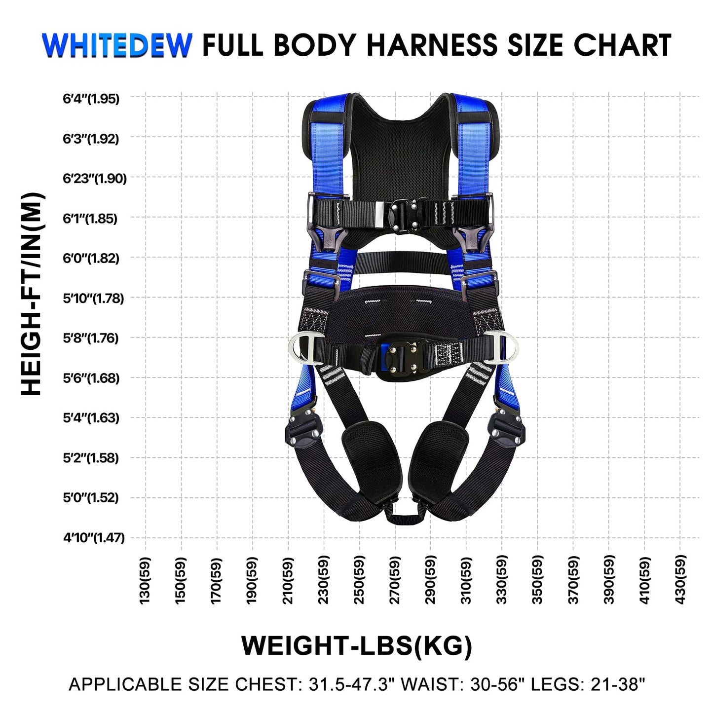 Fall Protection Premium Safety Harness with Shock Absorbing Lanyard, Roofing Constructio Harness, Vented & Padded Shoulder, Legs & Back - Upgrade 4 Quick Buckles (Blue)