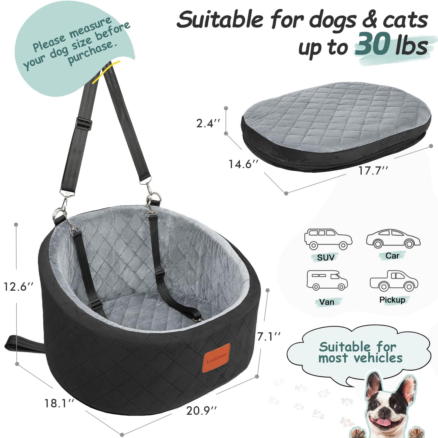 Lealchum Dog Car Seat Up to 30 lb Dogs, 2 Adjustable Safety Dog Leashes, Pet Washable Travel Car Seat with Non-Slip Bottom, Easy to Install and Removable, Covered with Soft Fabric (Black/Grey, Small)