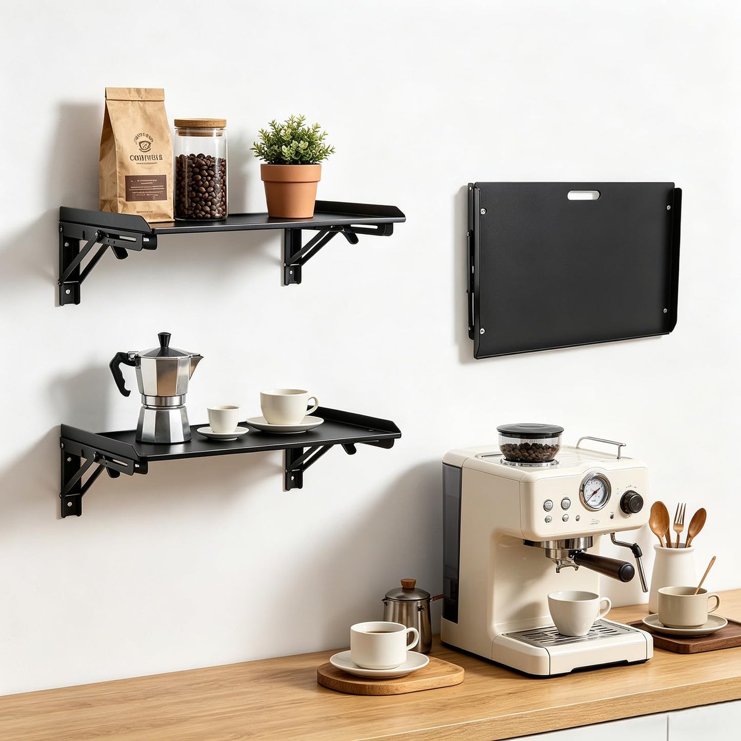 Patioer Folding Metal Floating Shelf, 16.9" x 11" Wall Mount Storage Rack with Lip, Heavy Duty Steel Fold Down Shelf for Garage, Kitchen, Bedroom, Office (2 Pack)