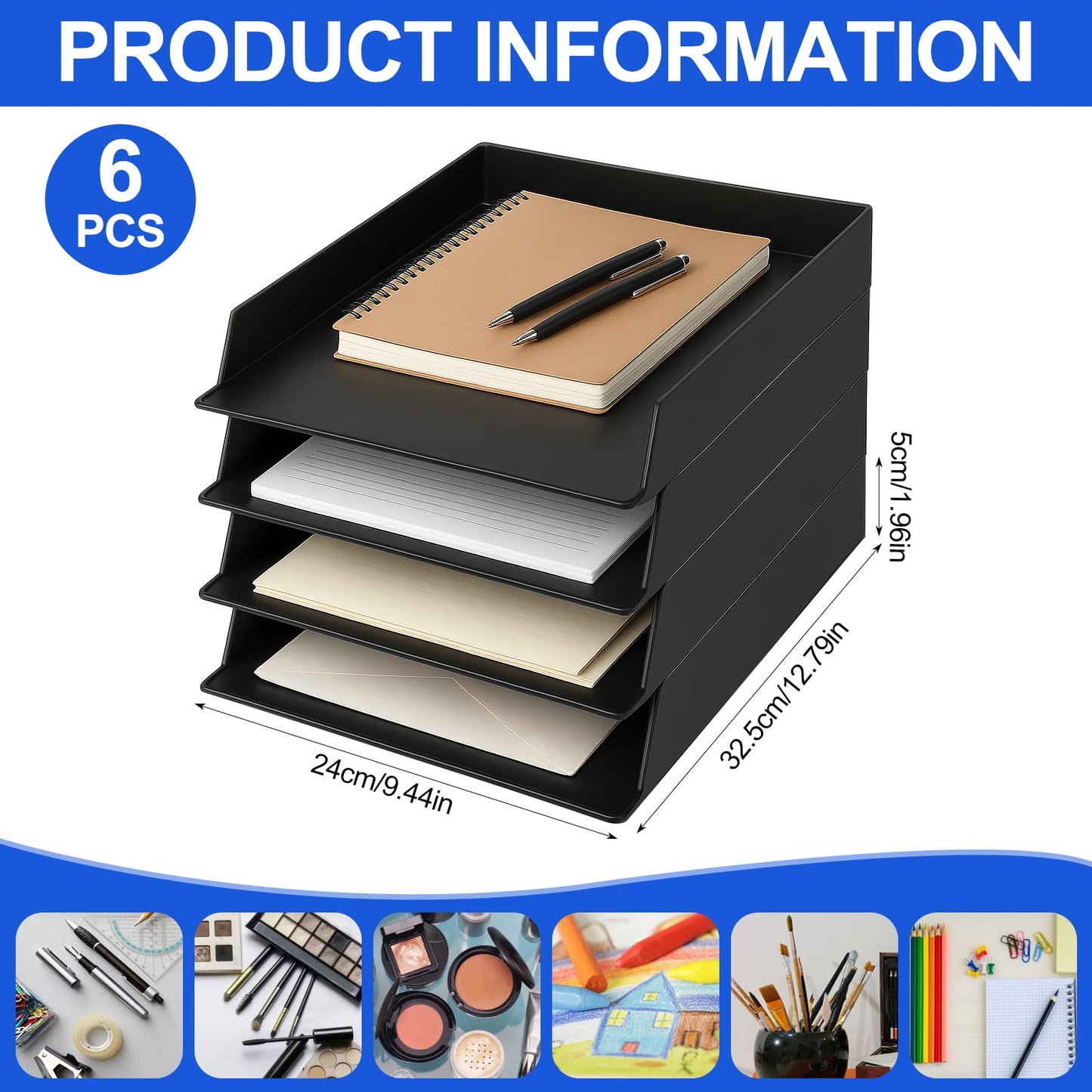 6 Pcs Stackable Paper Trays Rectangular Plastic Desk Holder Desktop Document File Organizer Storage Letter for Office Classroom (12.79" x 9.44" x 1.96", Black)