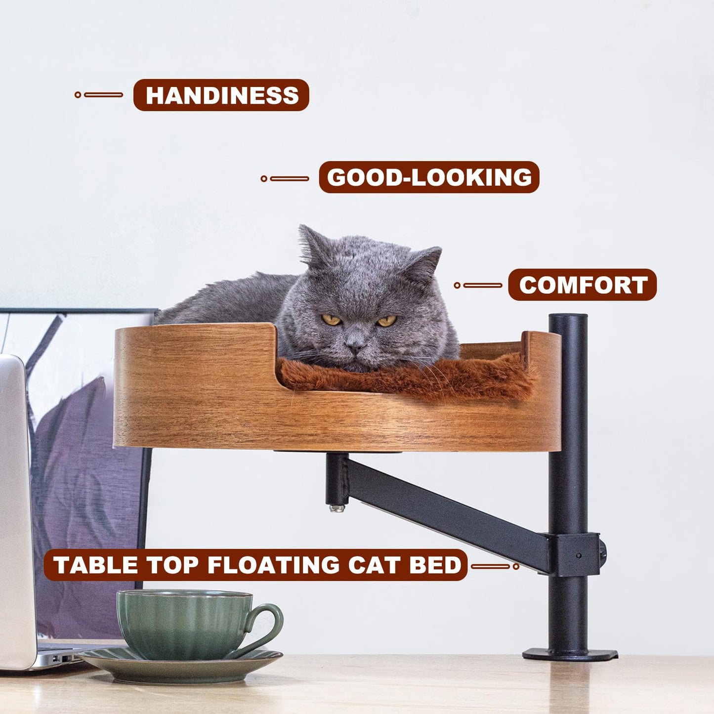 Cat Bed Desk with Pet Mat, Cat Hammock for Desk, Cat Bed Desk with Wooden Bowl, 360° Rotation and Adjustable Height