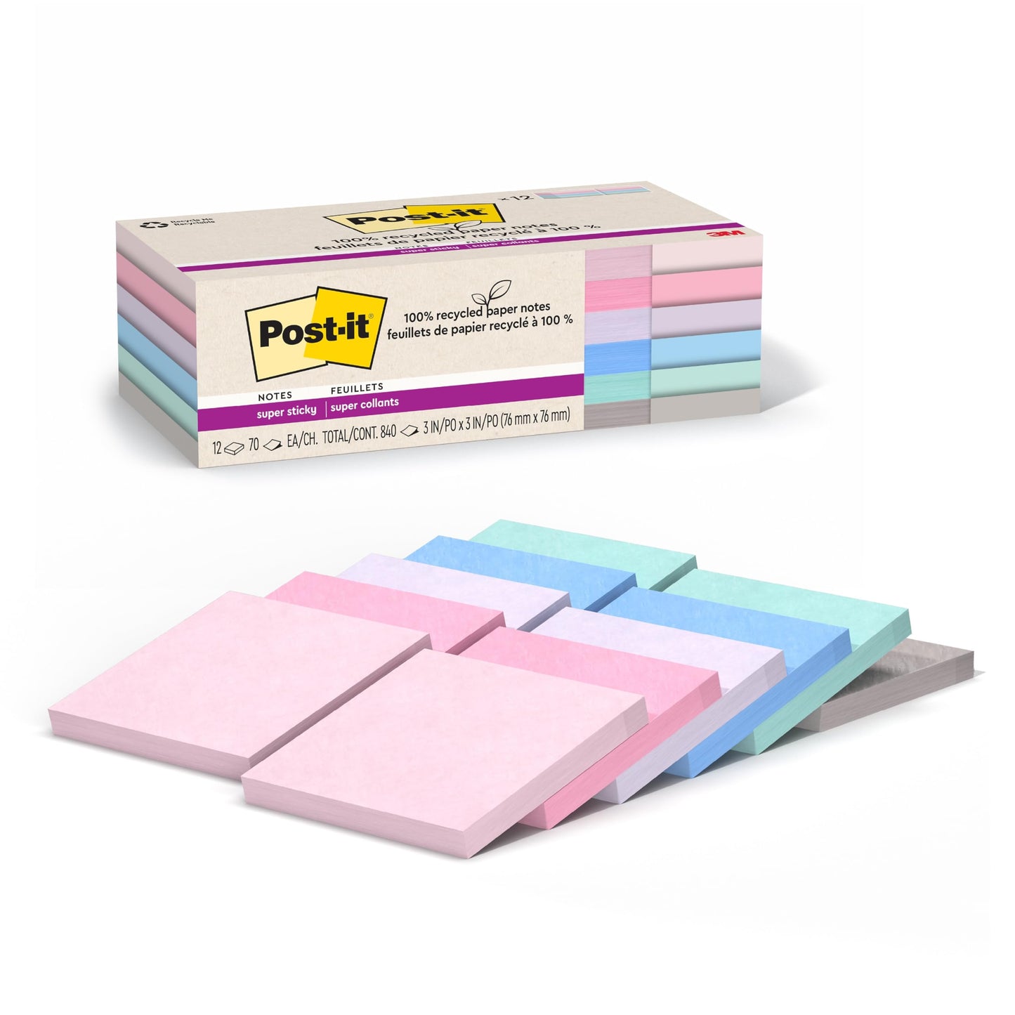 Post-it 100% Recycled Paper Super Sticky Notes, 2X The Sticking Power, 3x3 in, 12 Pads/Pack, 70 Sheets/Pad, Wanderlust Pastels Collection (654R-12SSNRP)