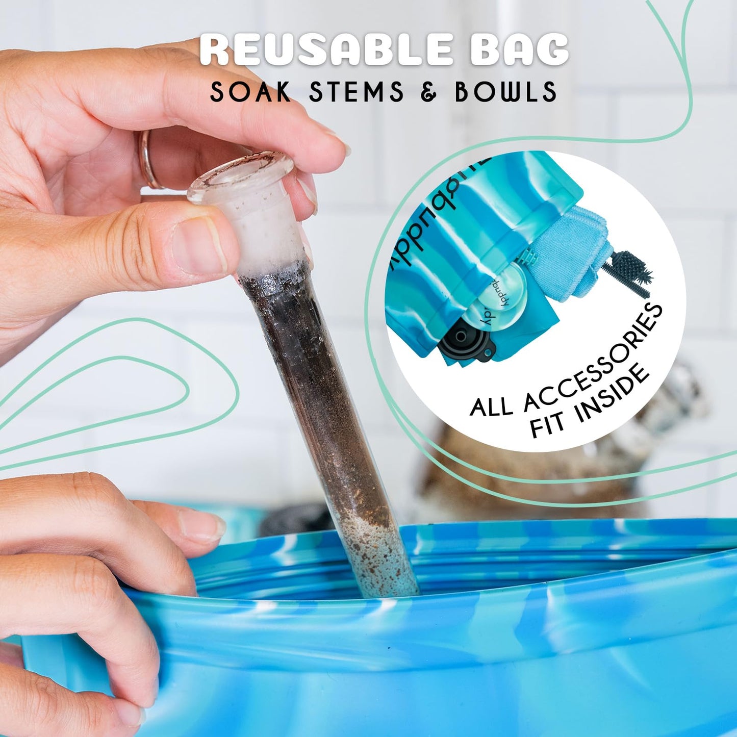 nugbuddy Glass Cleaning Kit - Reusable Silicone Accessories - Complete Kit to Clean your Piece, Just Add Cleaner - Reusable Soaker Bag, Brushes, Mat, Caps & Plugs, Funnel, & Microfiber Towel