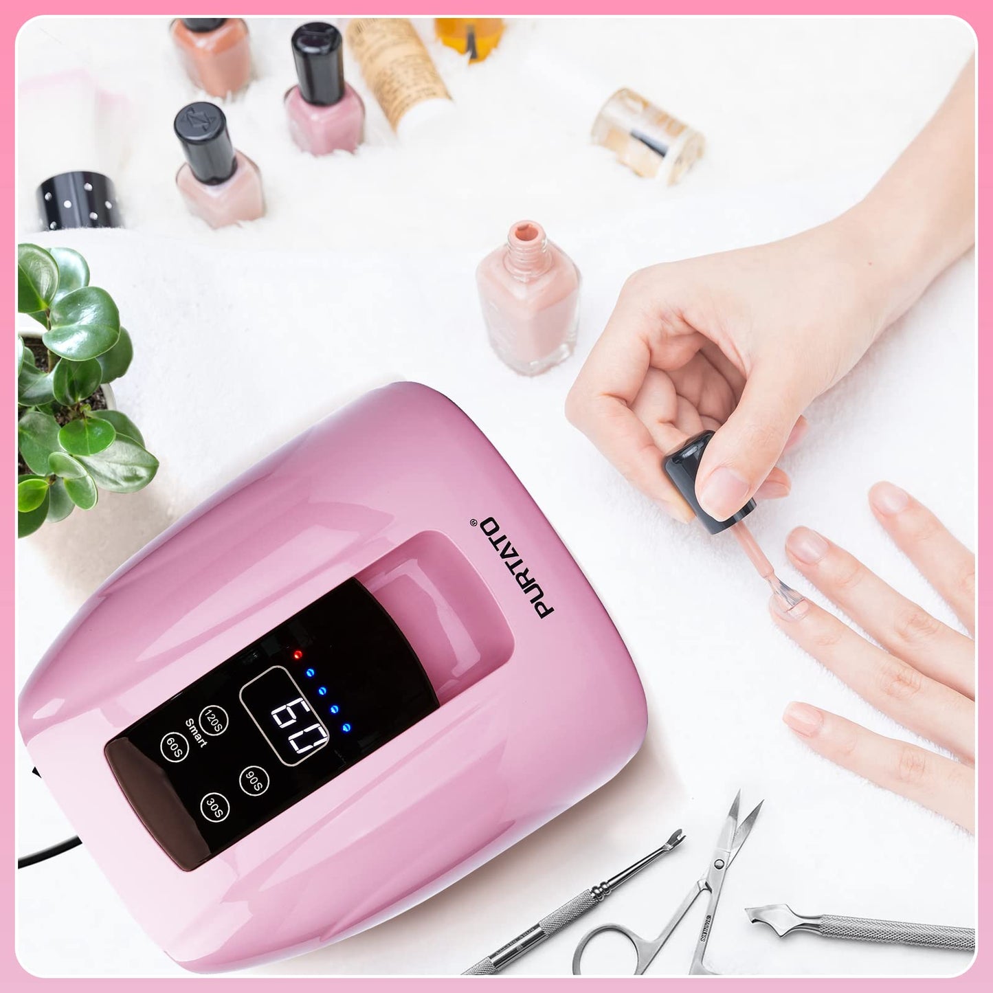 Purtato Professional Salon Rechargeable 90W UV LED Cordless Nail Lamp,45 lamp Beads Long Battery Life,Removable Stainless Steel Bottom, No Black Hands Nail Dryer (Pink)