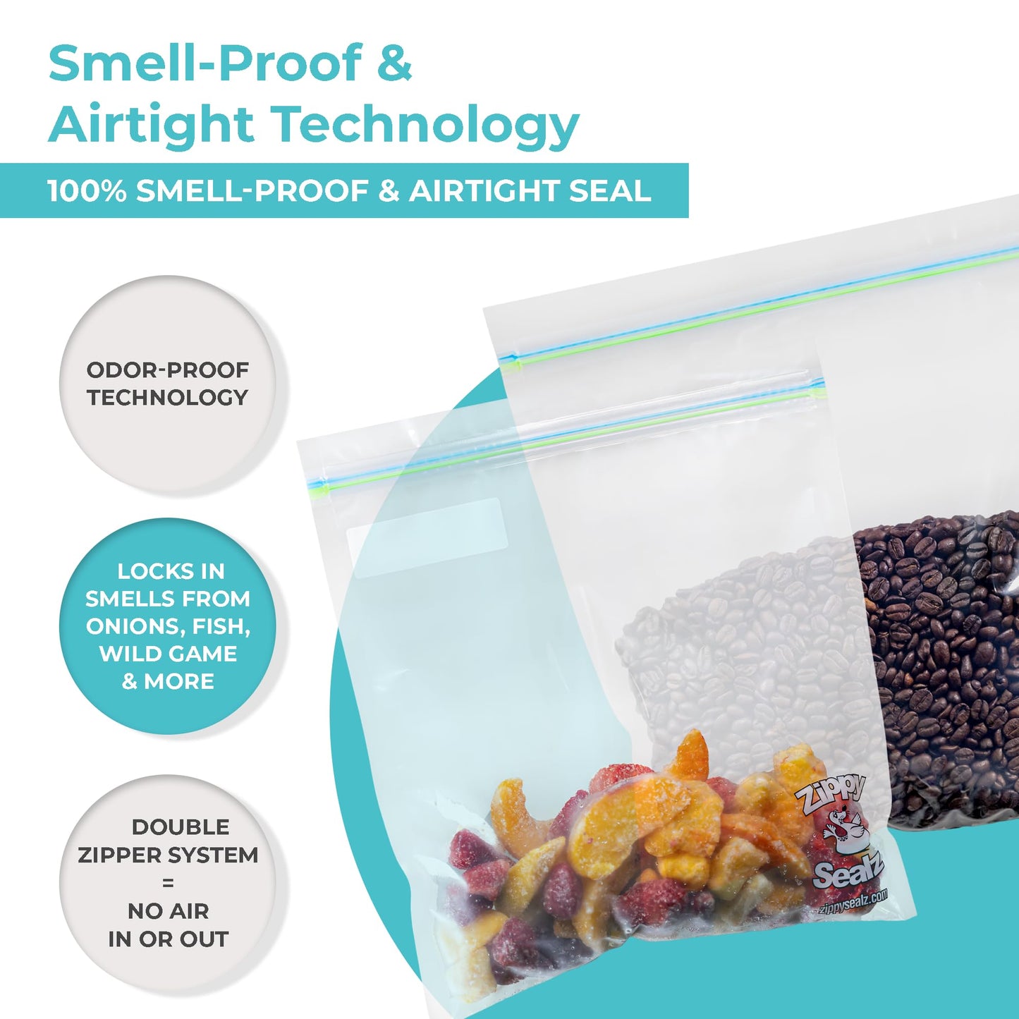 Zippy Sealz V1 Family Edition Smell Proof Bags 26.5x30cm | 100 Pack Reusable Waterproof Floating Ziplock Storage Bags | BPA Free Airtight Ultra Strong Double Zipper Bags with 2 Quick Zip Tools