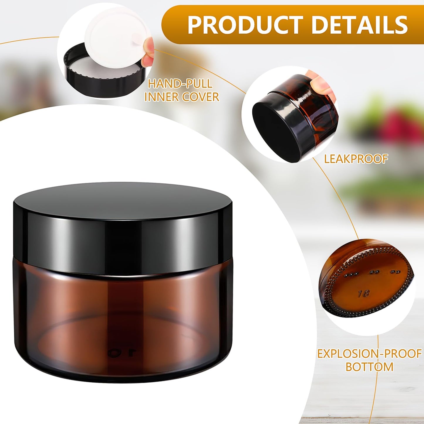 60 Pack Amber Glass Cosmetic Jars, 1oz Glass Jar with Lid Round Empty Cosmetic Containers with Inner Liners, Refillable Cream Jars for Lotions, Sample, Powder, Bath Salts