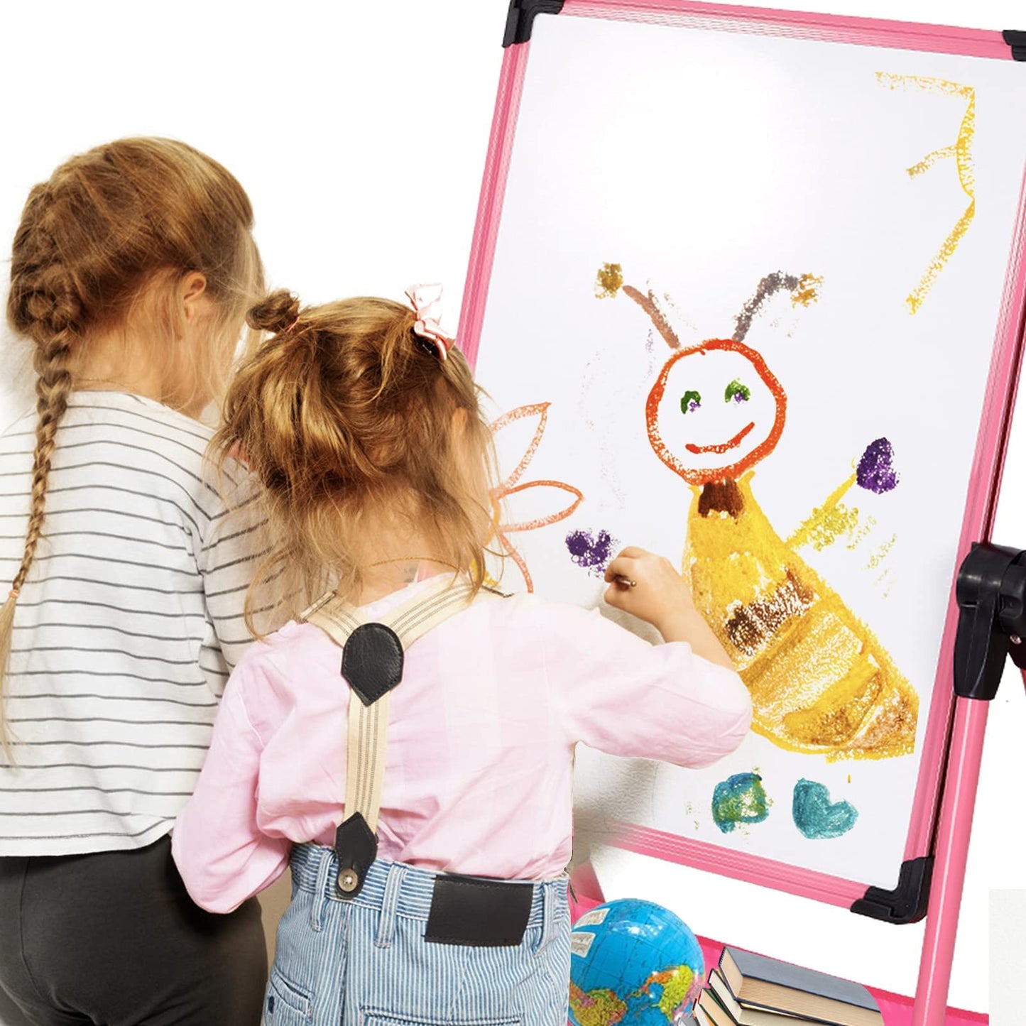 Kids Art Easel Double Sided Whiteboard &Chalkboard Height Adjustable U-Stand 360° Rotating Design (Pink)