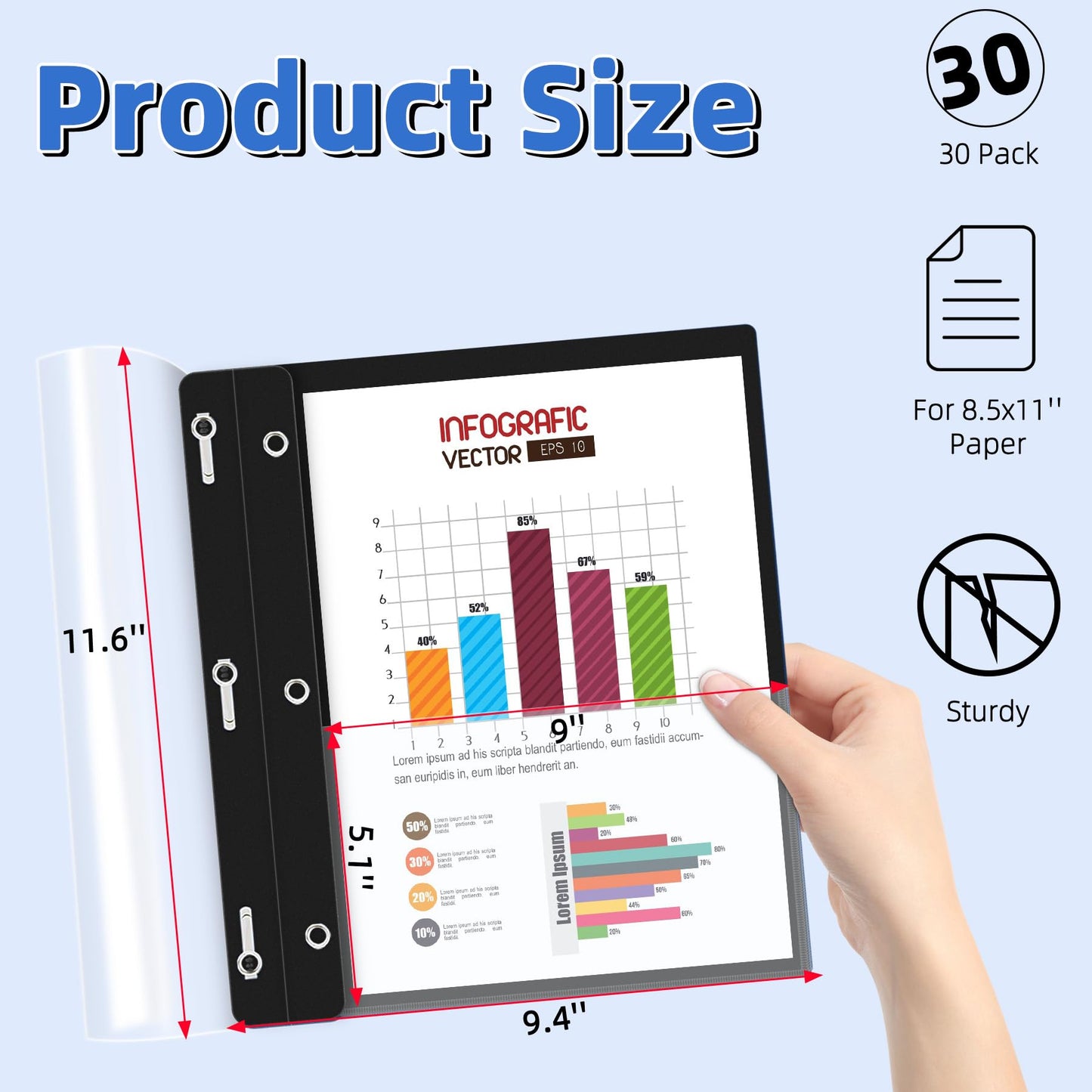 HAUTOCO 30 Pack Plastic Report Covers with 3 Prongs Fasteners Clear Front Resume Portfolio Folder for 8.5x11 Letter Size Paper, Presentation Document Report Cover for School Office Business, Black