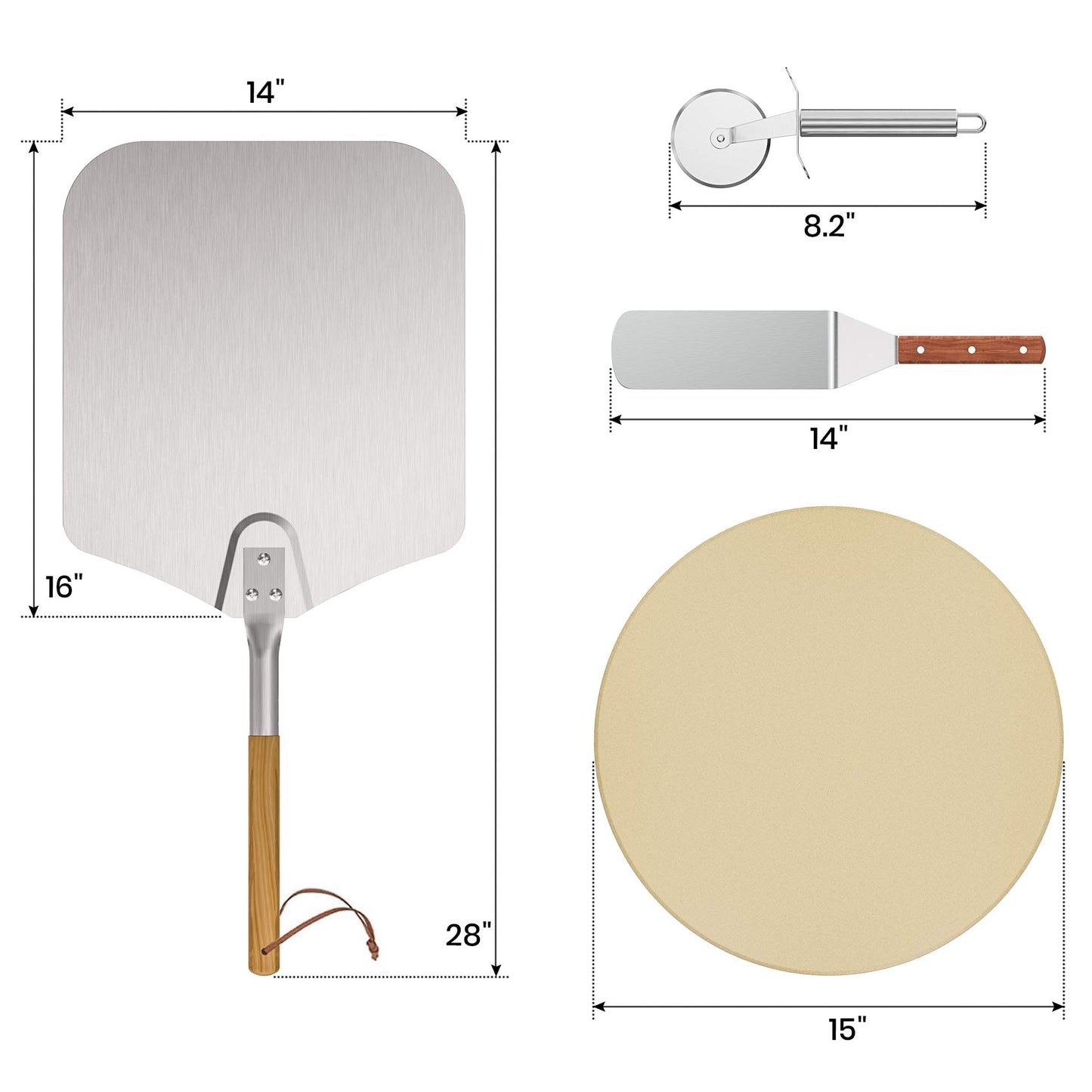 Onlyfire Pizza Tool Kits - Pizza Stone, Pizza Peel with Wooden Handle, Pizza Cutter and Spatulas, Good for Cooking, Baking Pizza, Cookies, Bread on Grill/Oven