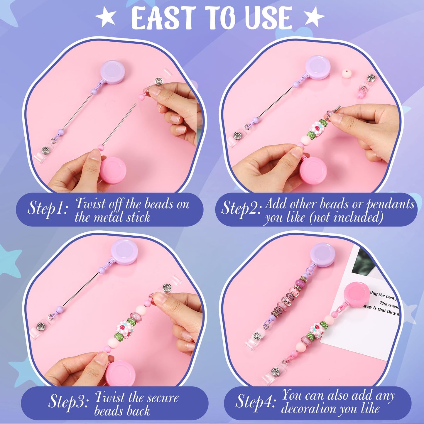 Sayglossy 50 Pcs Beadable Badge Reel Retractable Clips Holder for Beads Bulk Blank Bar ID Name Badge Reels with Belt Clip Beadable Items for Nurse Teacher Office Jewelry DIY Gift, 19.69 inches/ 50 cm