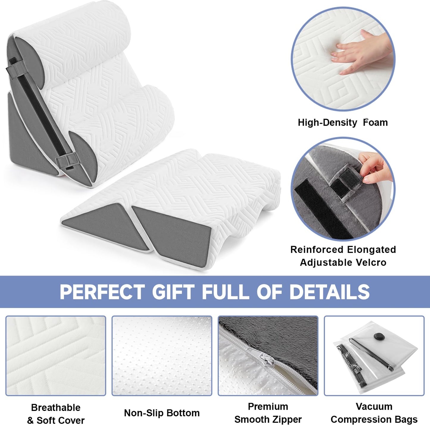 6pcs Orthopedic Bed Wedge Pillow Set for Sleeping, Post Surgery Foam for Body, Back and Leg Pain Relief Comfortable & Adjustable Support Pillows-Anti Snoring, Heartburn, Acid Reflux & GERD Sleeping