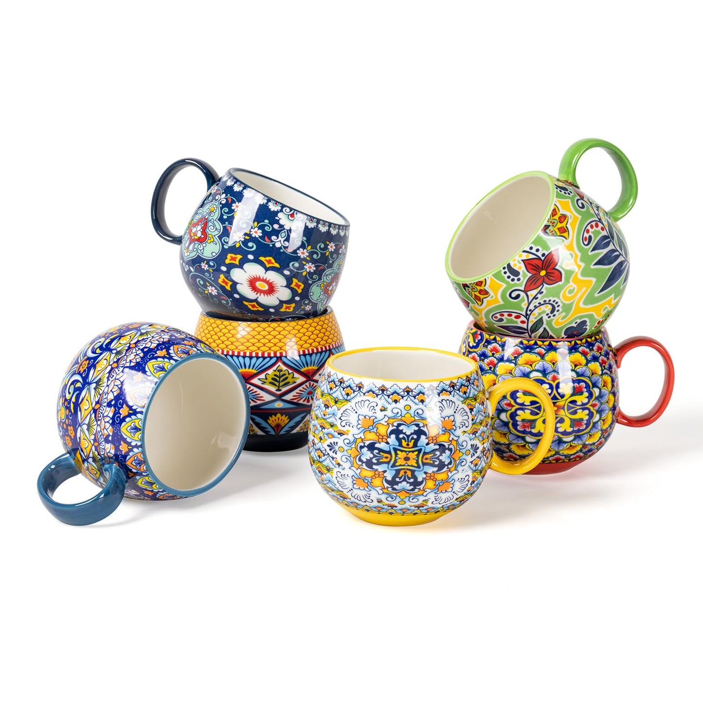 Porcelain Coffee Mugs 20 Ounce - Multicolor Cups for Latte, Hot Tea, Cappuccino, Cocoa, Soup, Dishwasher, Microwave Safe, Christmas Gift Set of 6 - Bohemian Style